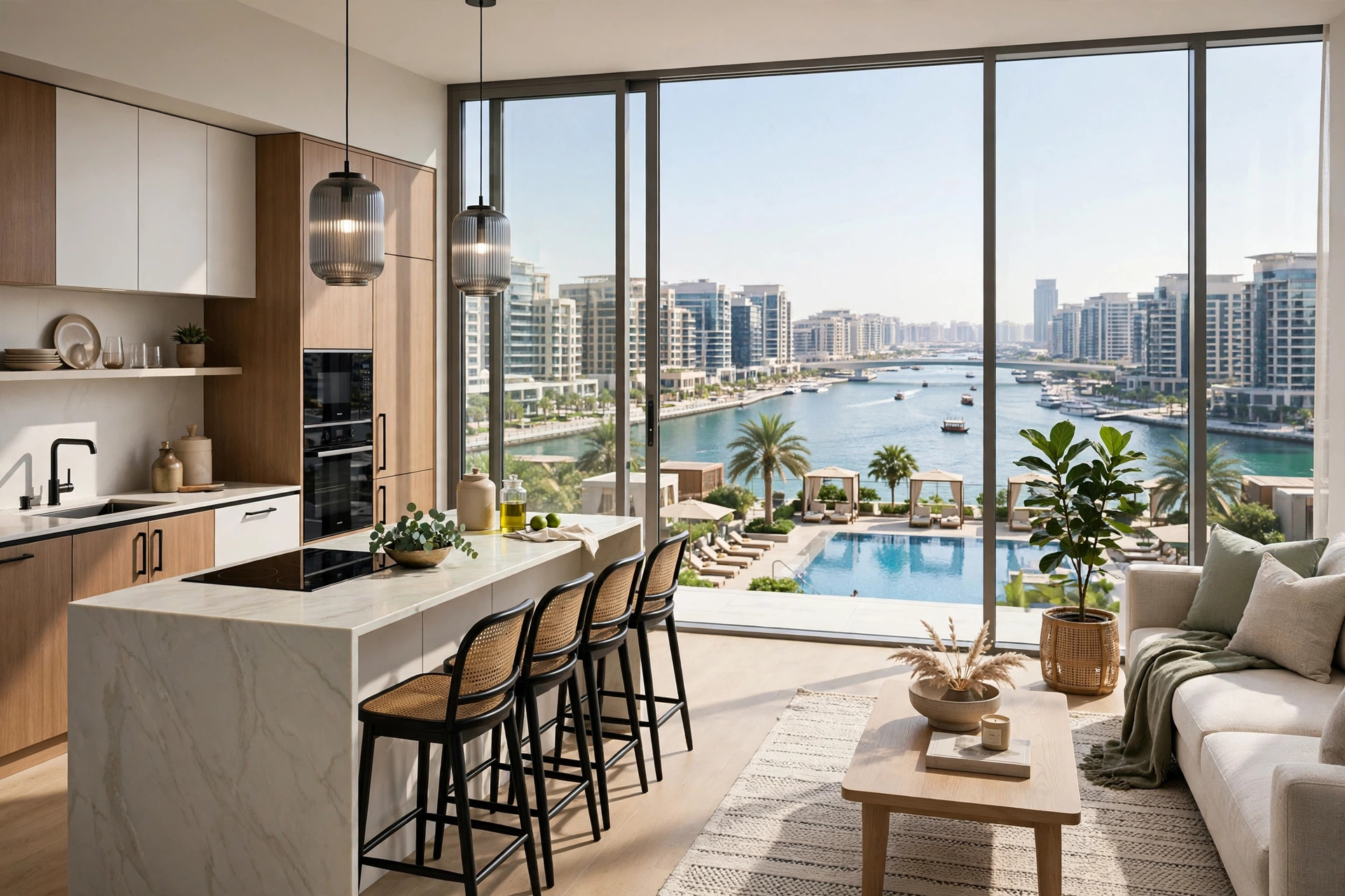 Serviced apartment kitchen and living room overlooking Dubai Water Canal in Business Bay