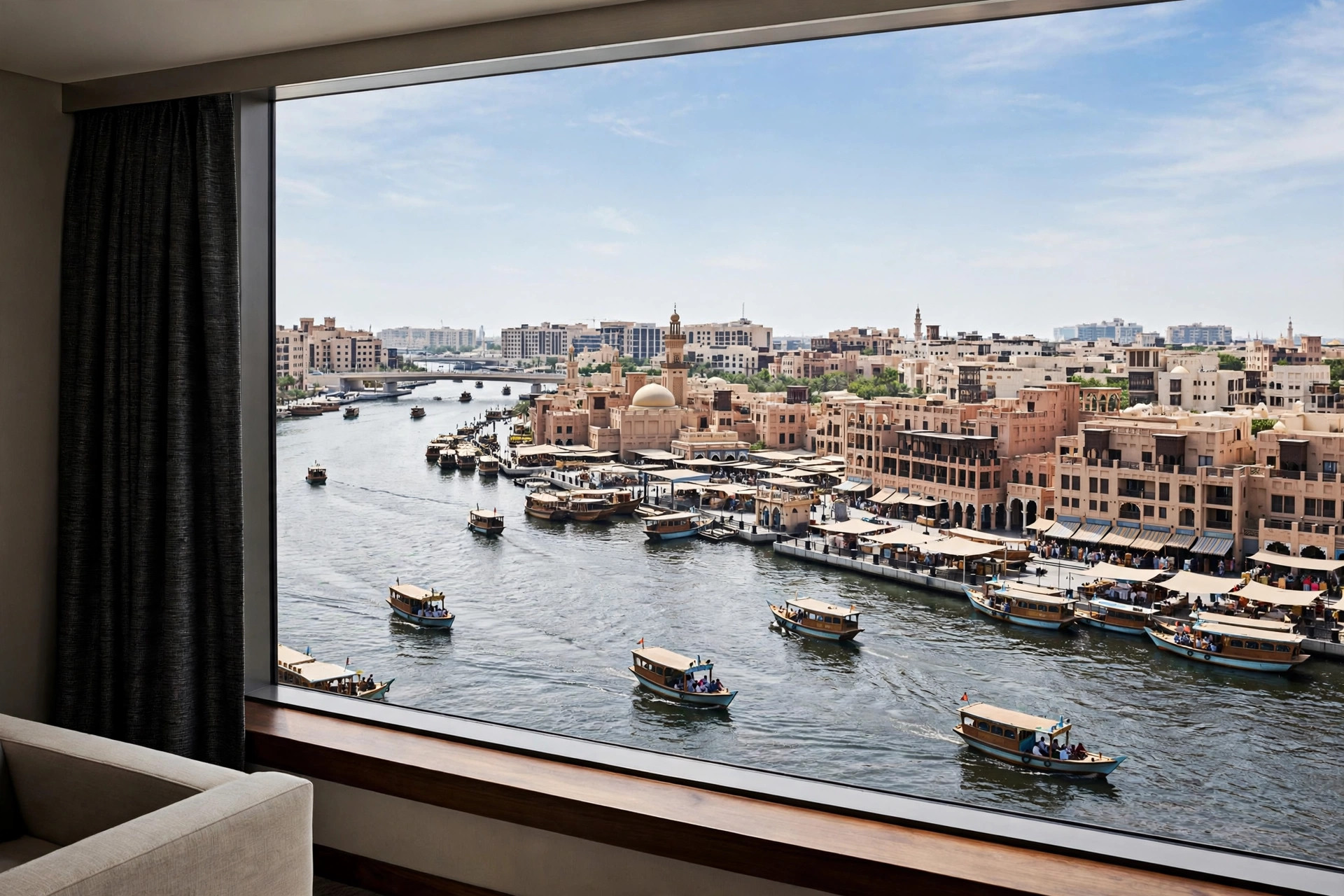 View across Dubai Creek from a hotel tower in Deira towards Bur Dubai