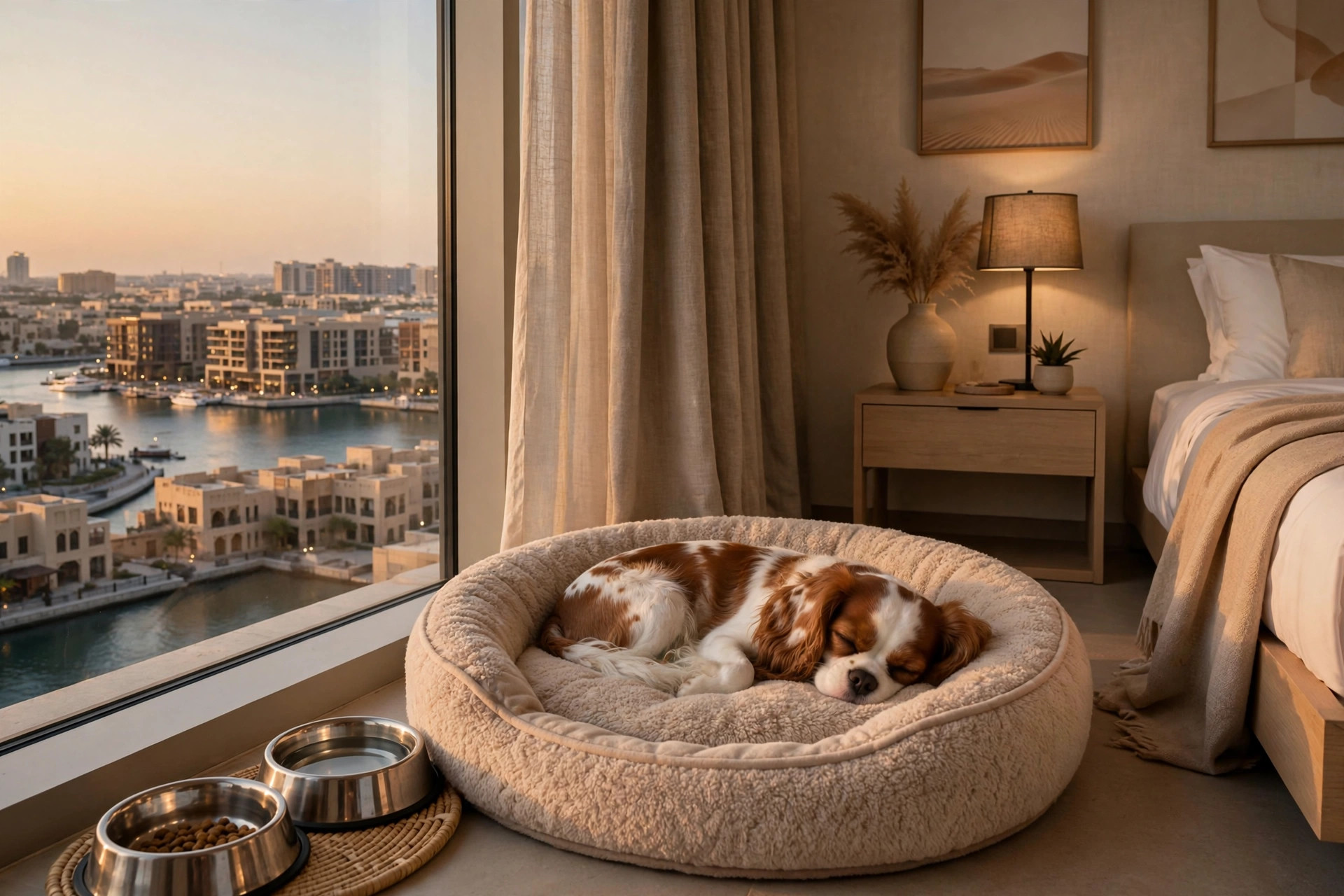 Small dog resting on a pet bed with bowls in a cosy hotel room in Dubai Al Jadaf