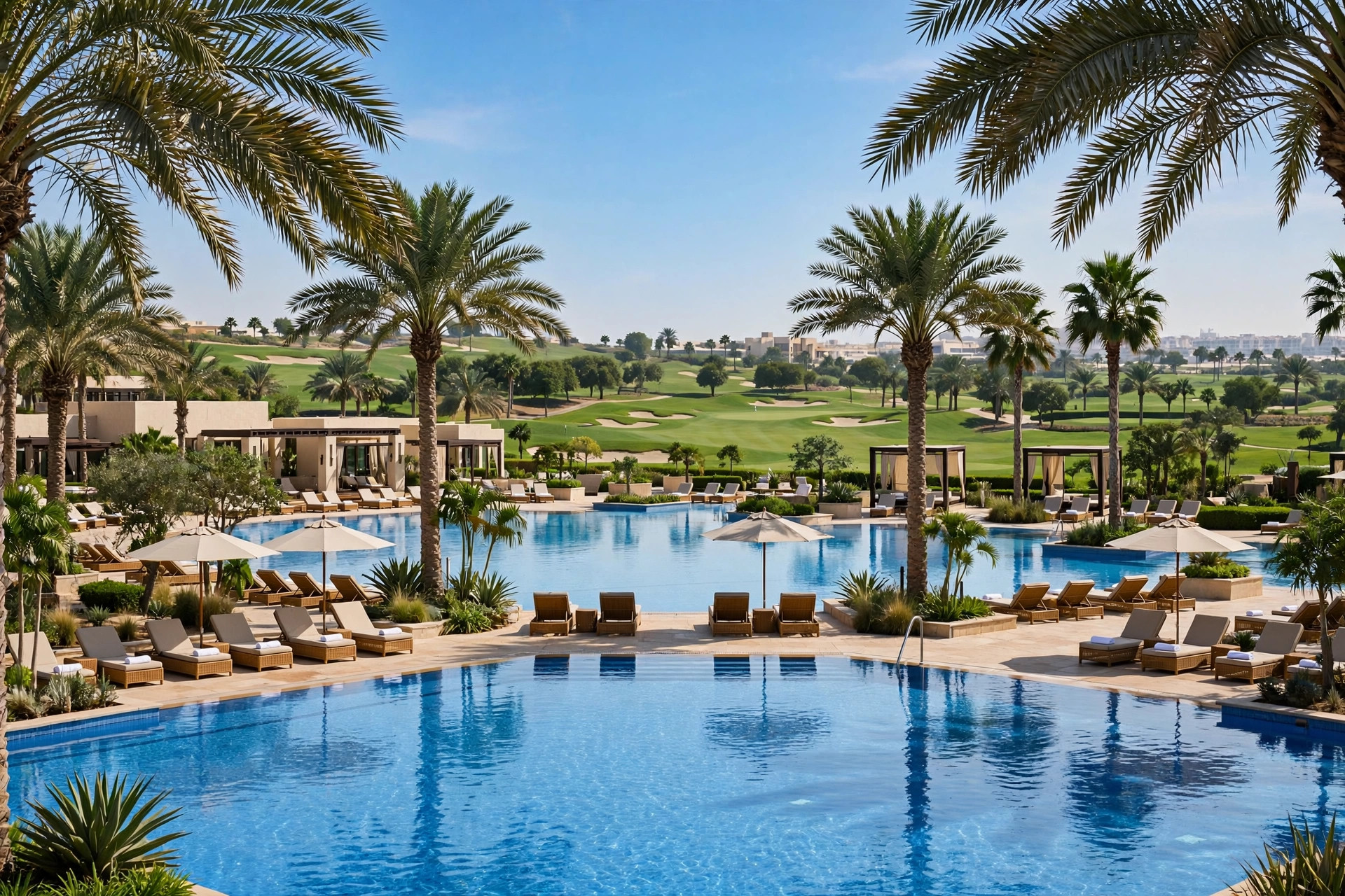 Resort pool and palm trees at JA Lake View Hotel in Jebel Ali