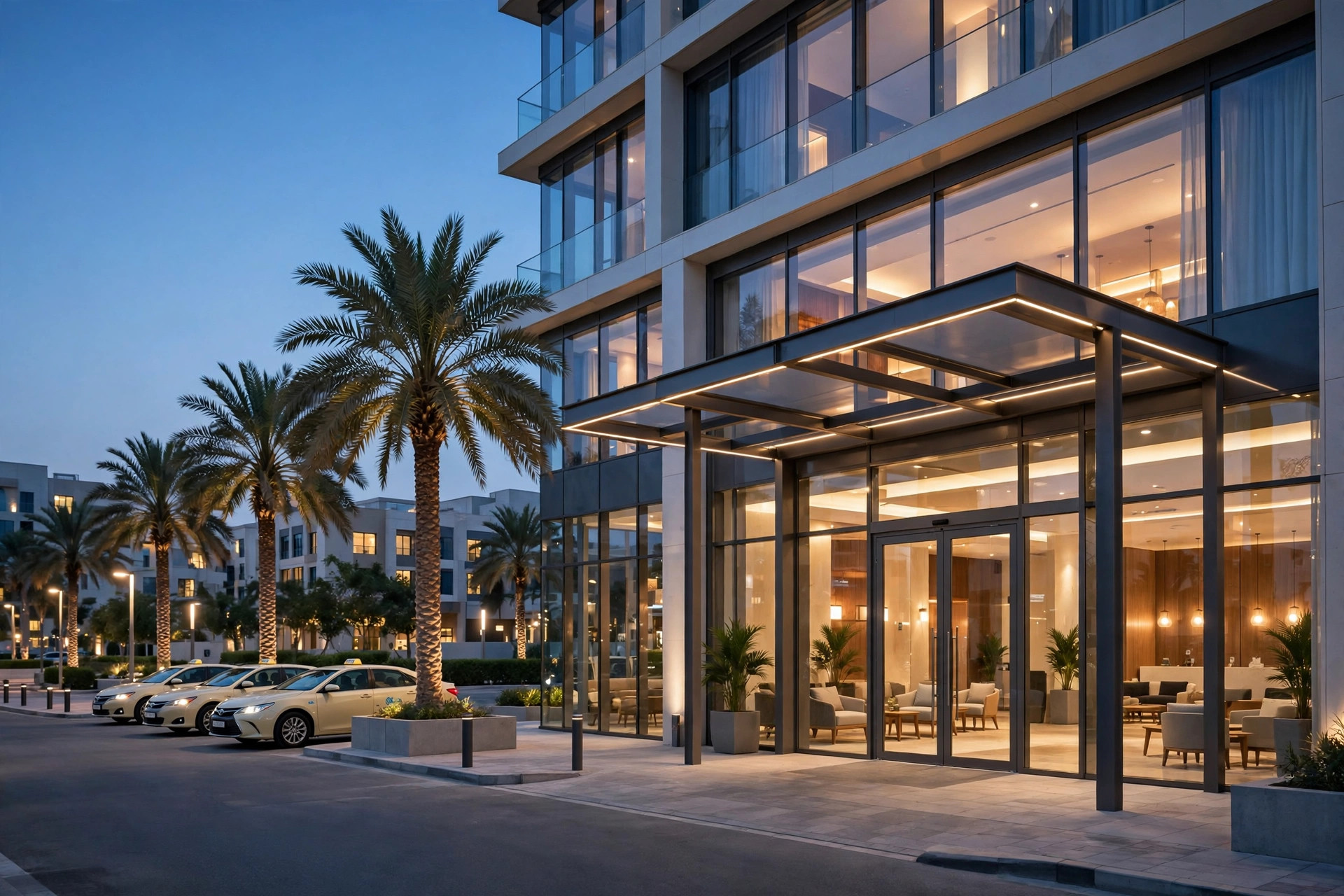 A modern budget hotel entrance in Dubai's Al Barsha at dusk with warm lobby light