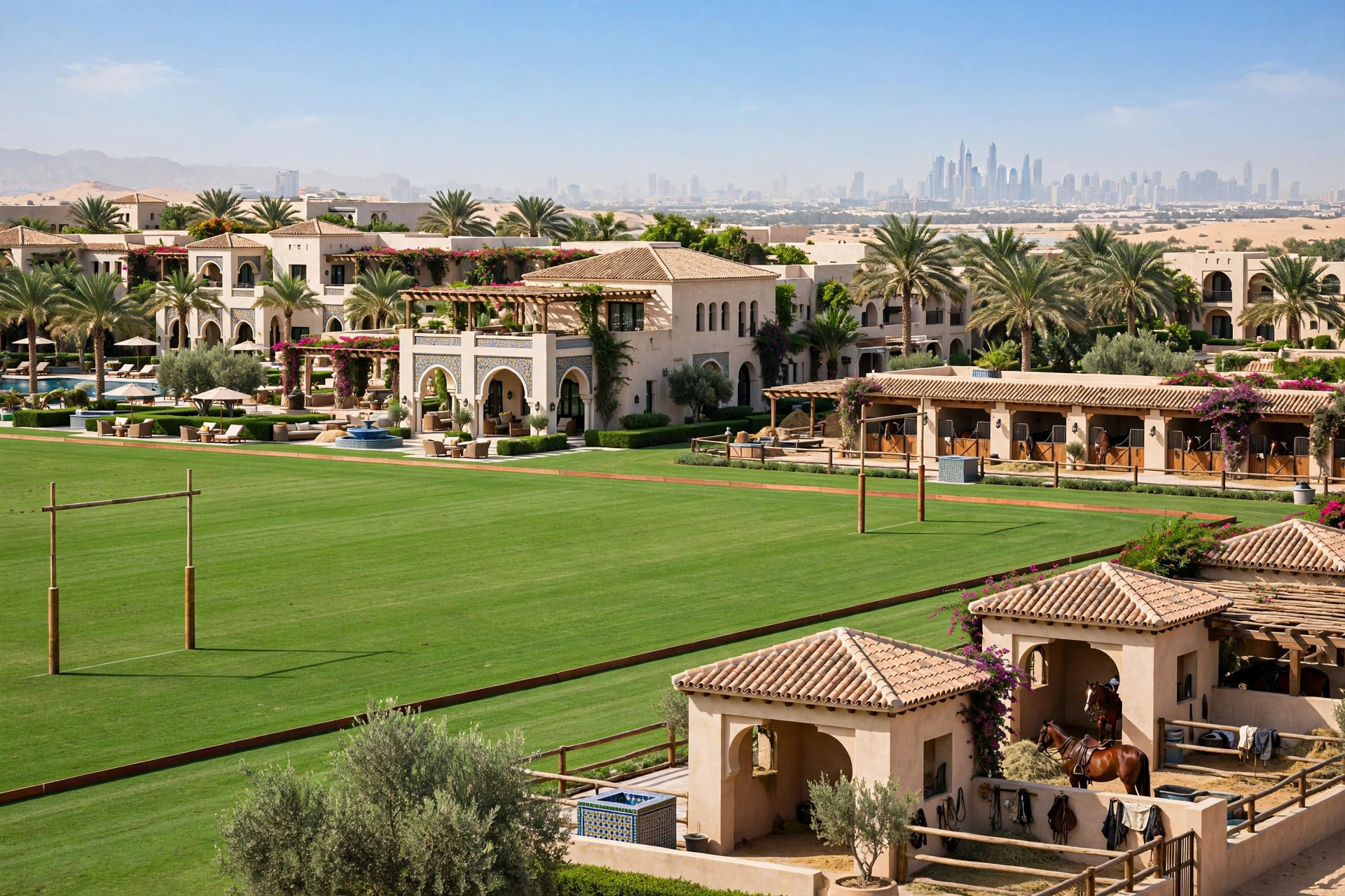 Elegant polo resort hotel in Dubailand with lawns and horses in the distance