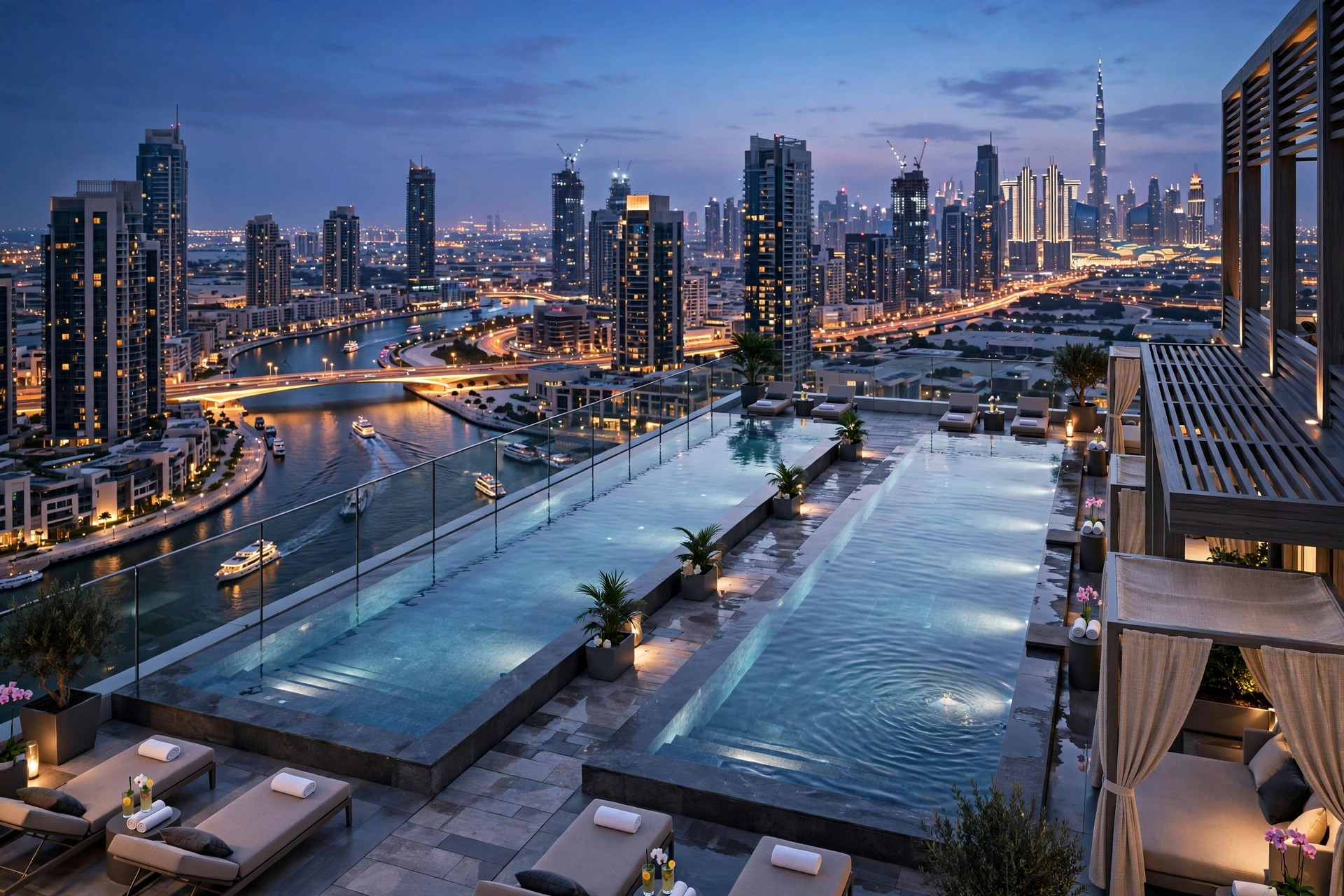Twin rooftop infinity pools at night on a Business Bay hotel tower