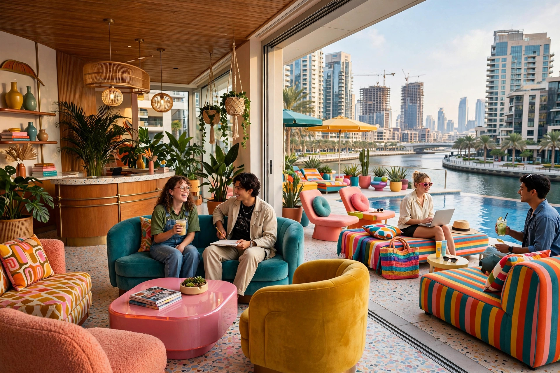 Colourful boutique interiors and pool terrace at Mama Shelter Dubai in Business Bay