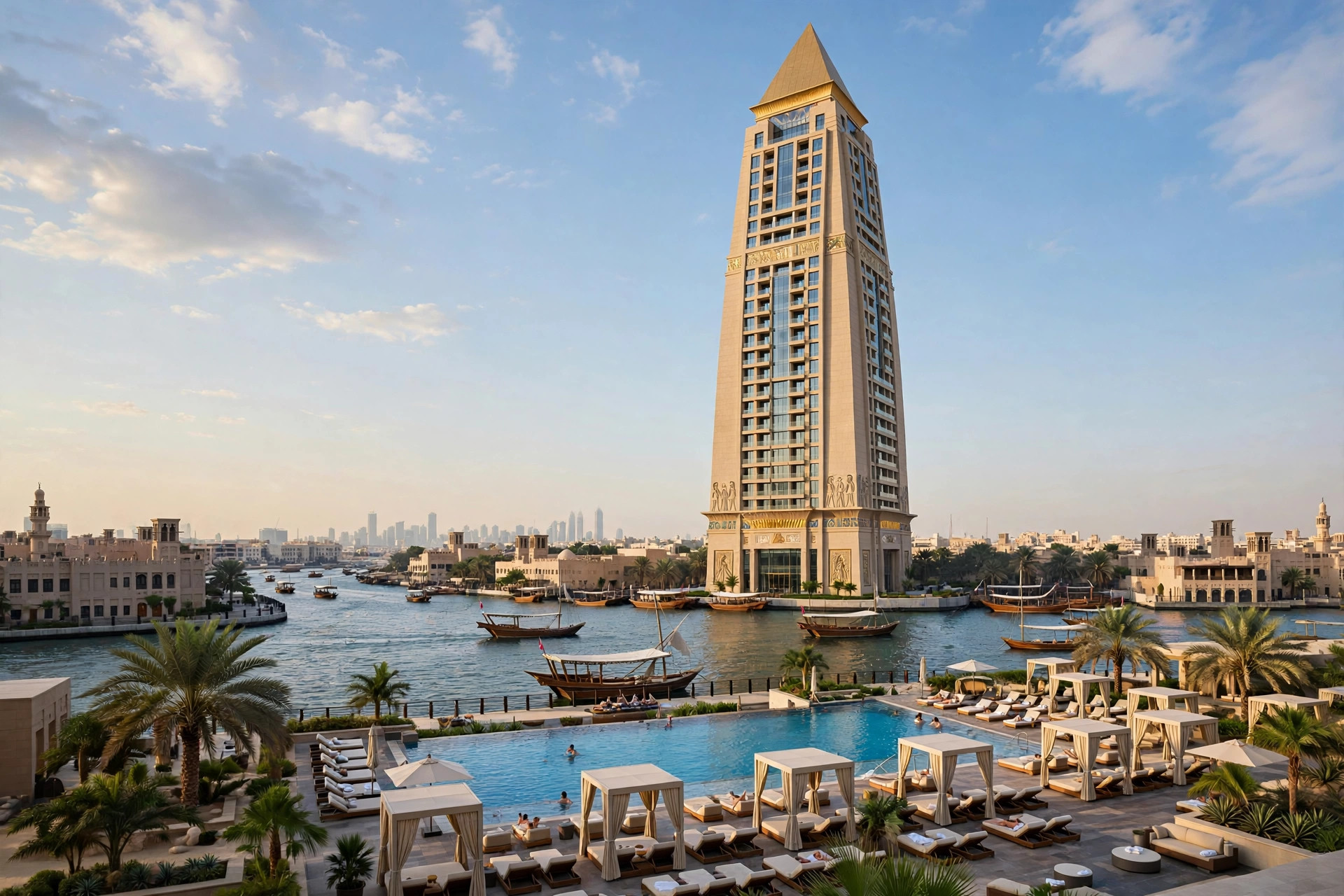 Obelisk-shaped Sofitel tower and pool beside Dubai Creek at Wafi