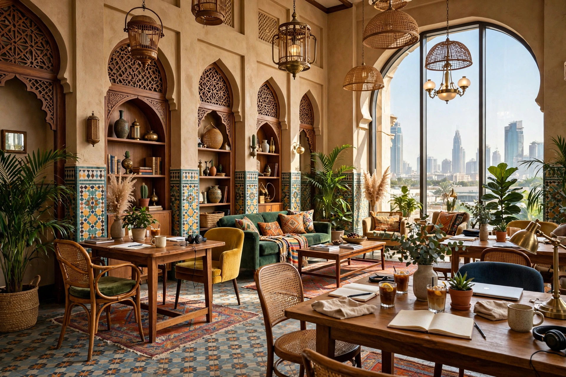 Eclectic lobby with vintage styling and co-working tables at 25hours Hotel One Central