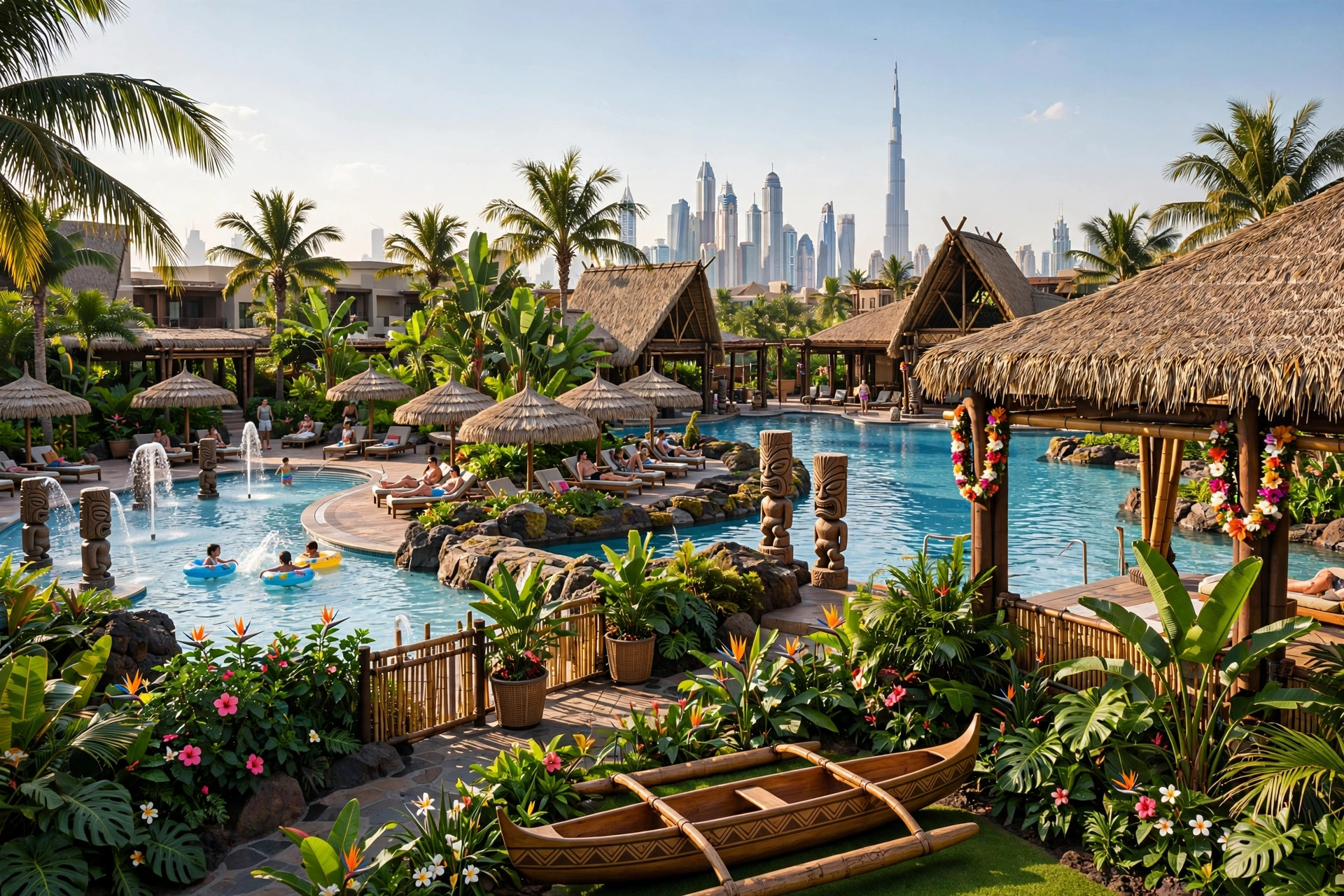 Polynesian-themed family resort pool and gardens at Lapita Dubai Parks
