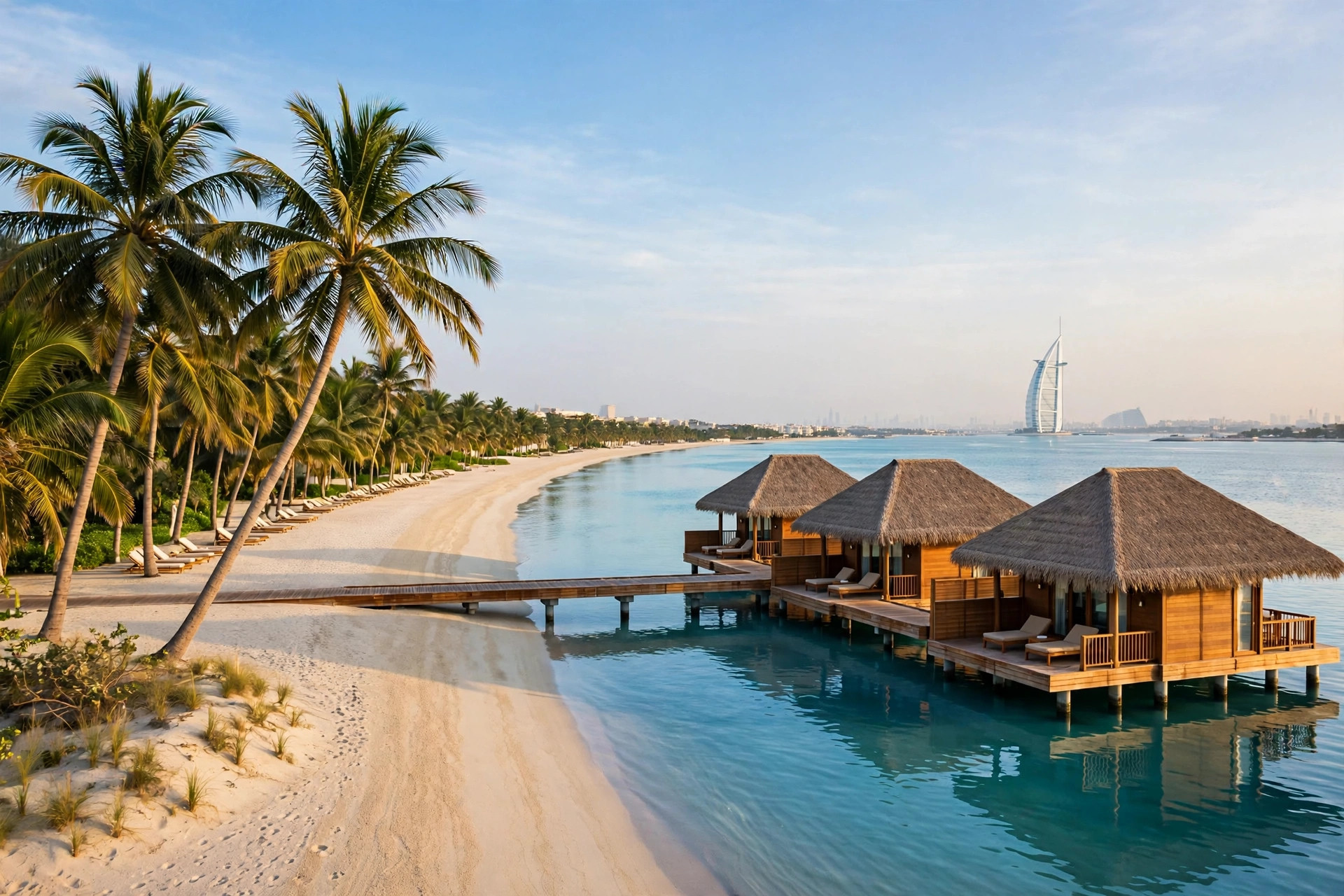 Long private sandy beach with palm trees and a sail-shaped hotel tower on the horizon at Madinat Jumeirah