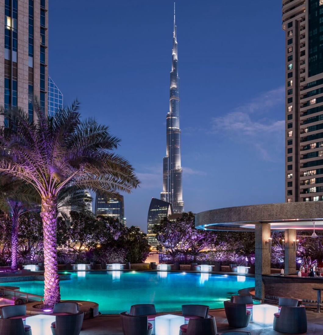 Rooftop pool overlooking the Burj Khalifa from a Sheikh Zayed Road hotel