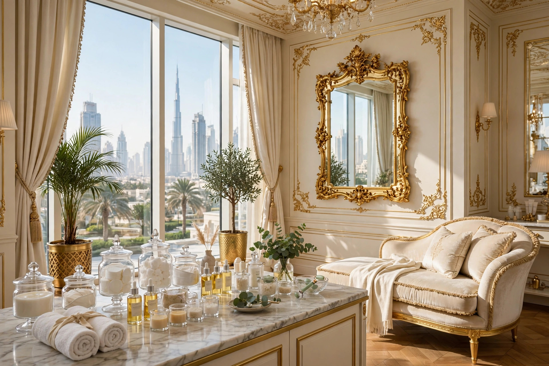 An elegant cream and gold French beauty spa salon with a chaise lounge in Dubai