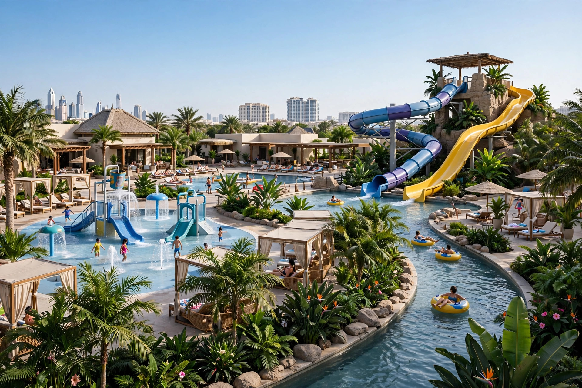 Family resort water park with a lazy river winding past waterslides and palm trees in Dubai