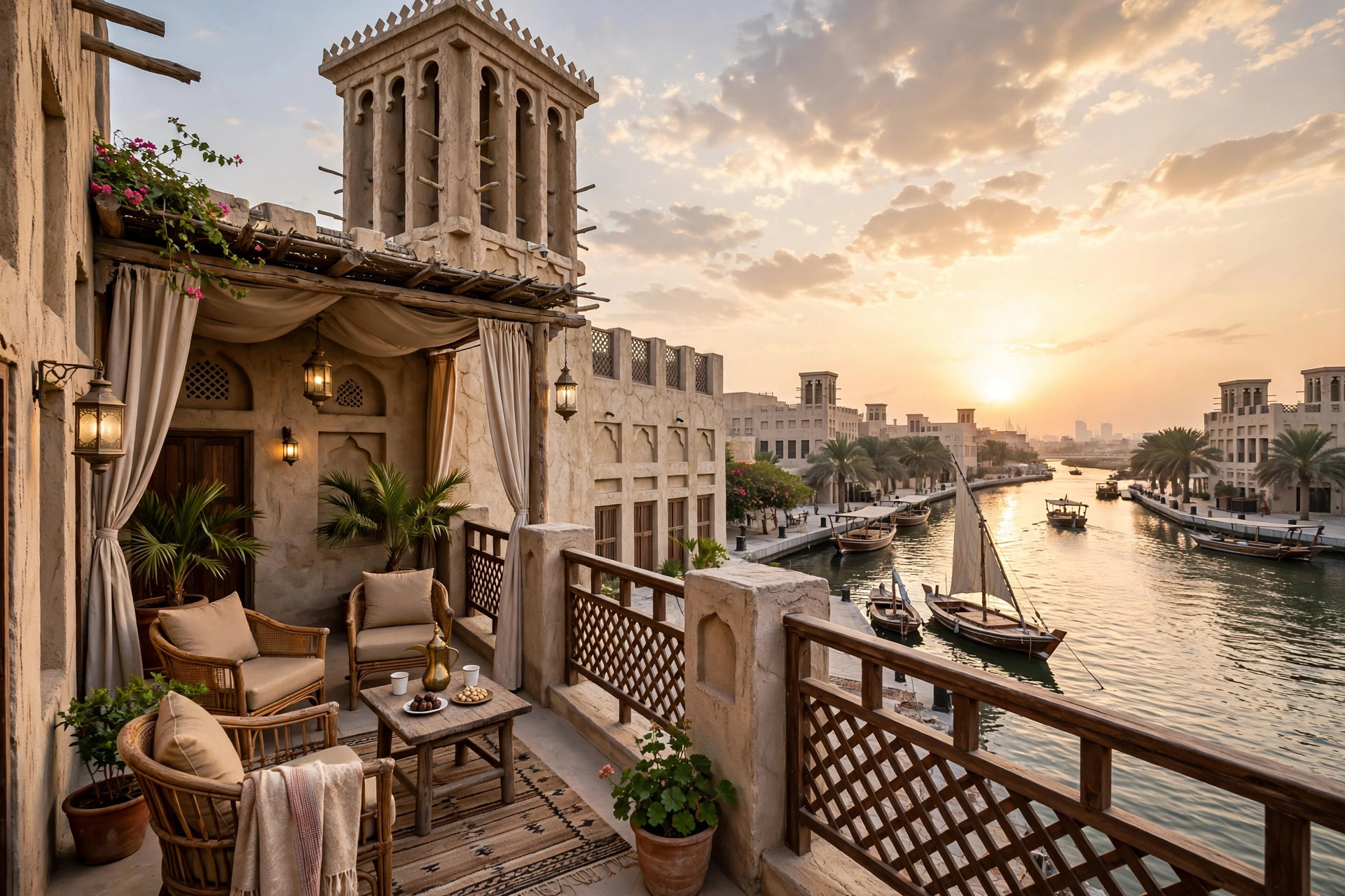 Small Creek-side boutique hotel in Al Shindagha Dubai at sunset overlooking the water