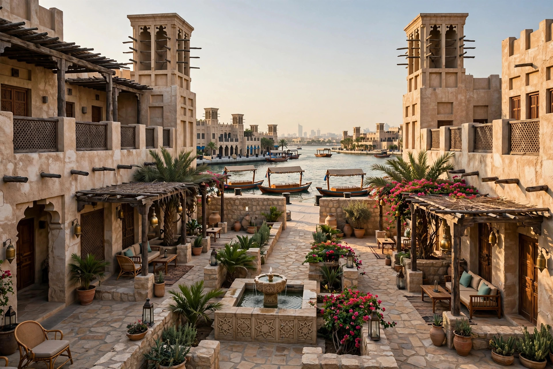 Heritage-style hotel courtyard with wind-tower houses on Al Seef promenade by Dubai Creek