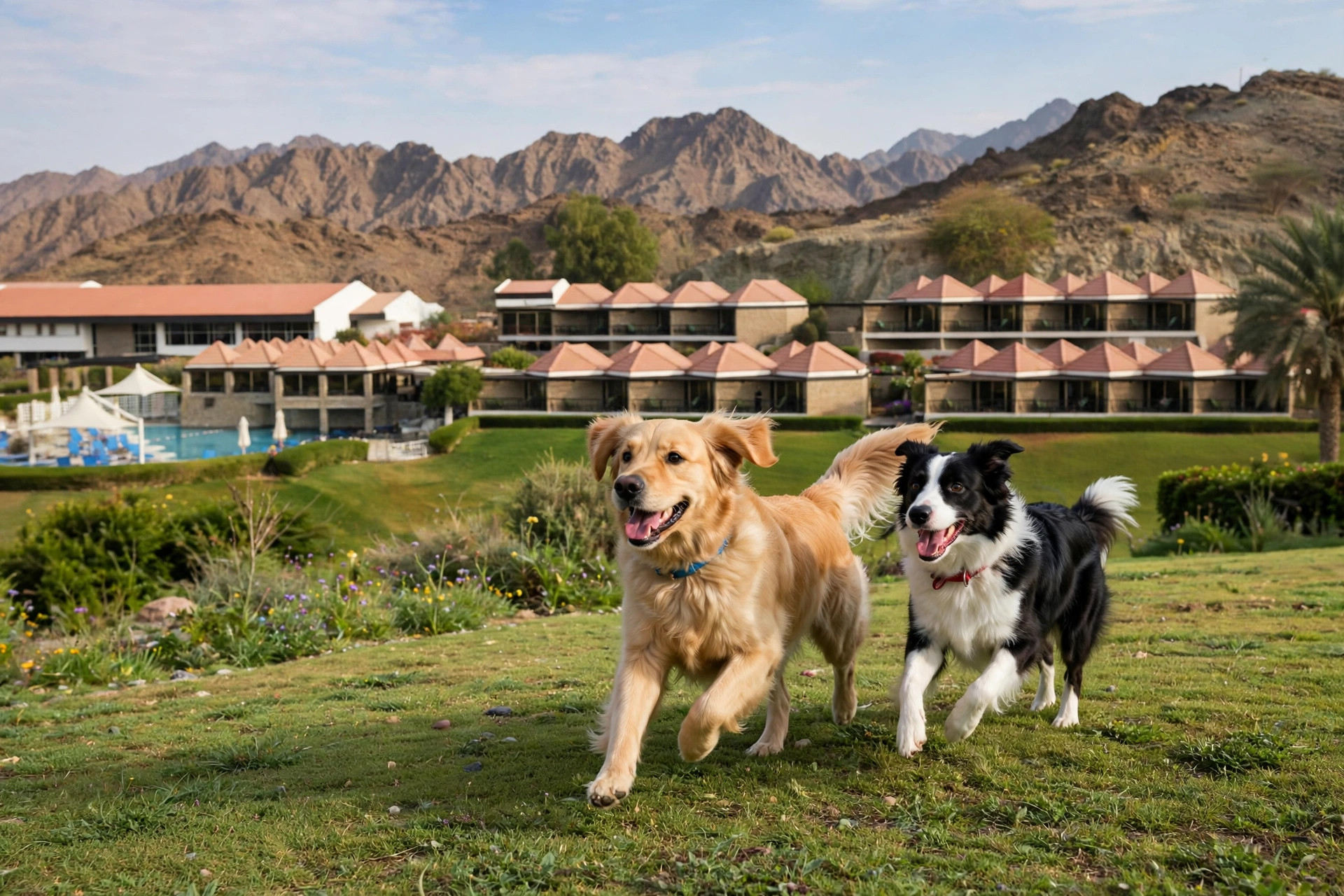 Two happy dogs running on green mountain hotel grounds in Hatta with rocky mountains behind