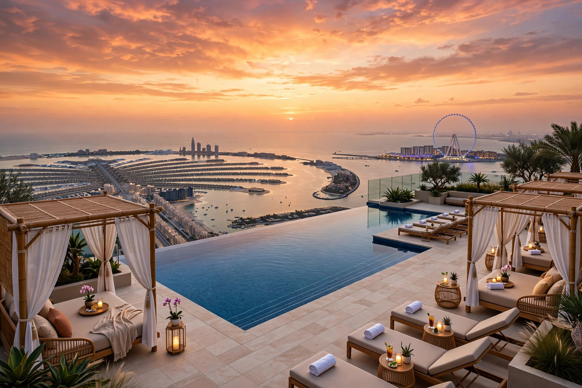 Rooftop infinity pool at Address Beach Resort JBR at sunset overlooking the Gulf and Ain Dubai