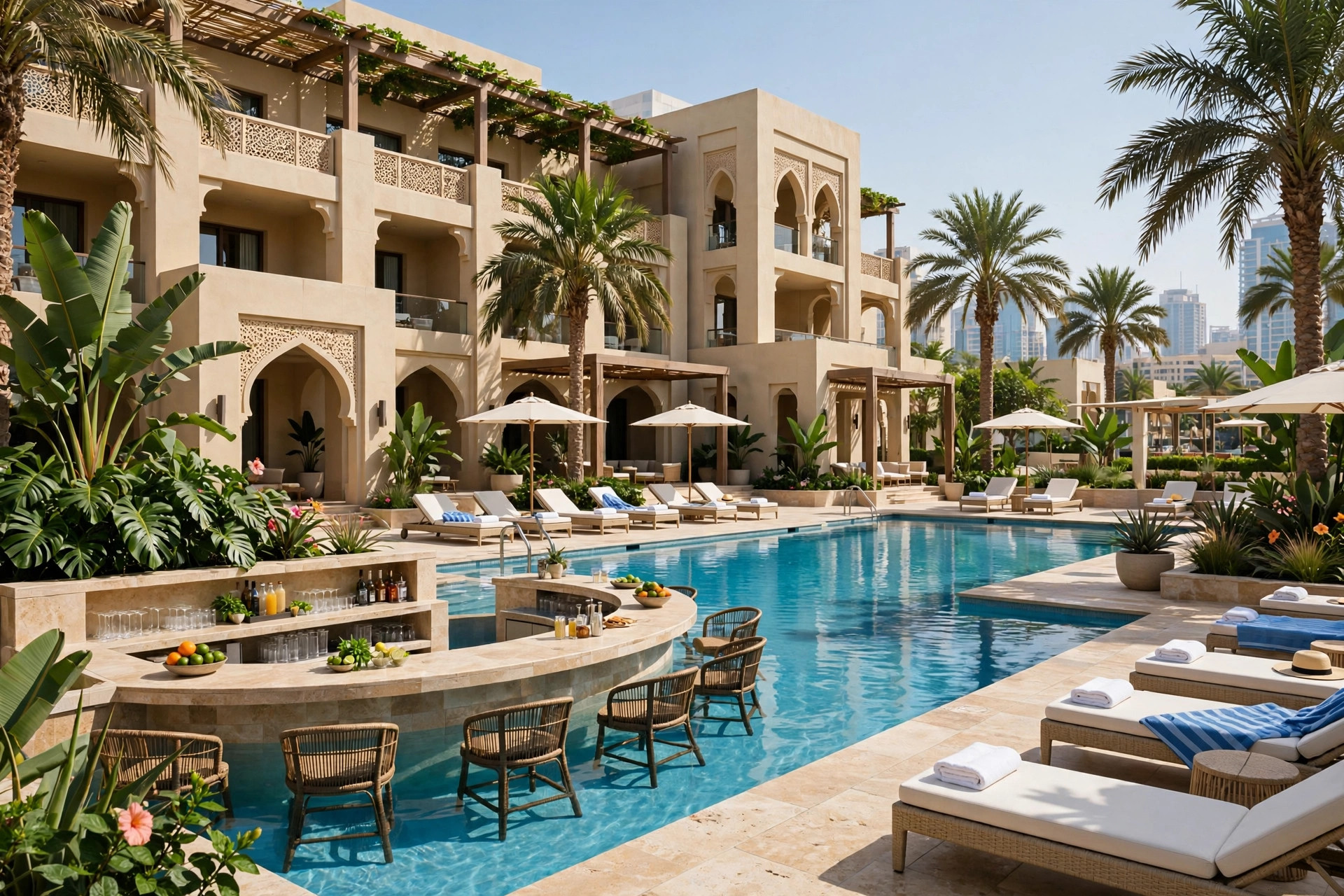 A hotel outdoor pool with a swim-up bar and sun loungers at a Dubai four-star hotel