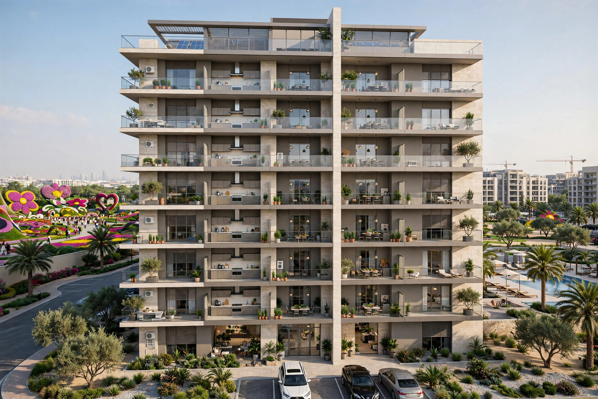 Bright hotel apartment living room with kitchen in Arjan, Al Barsha South, Dubai