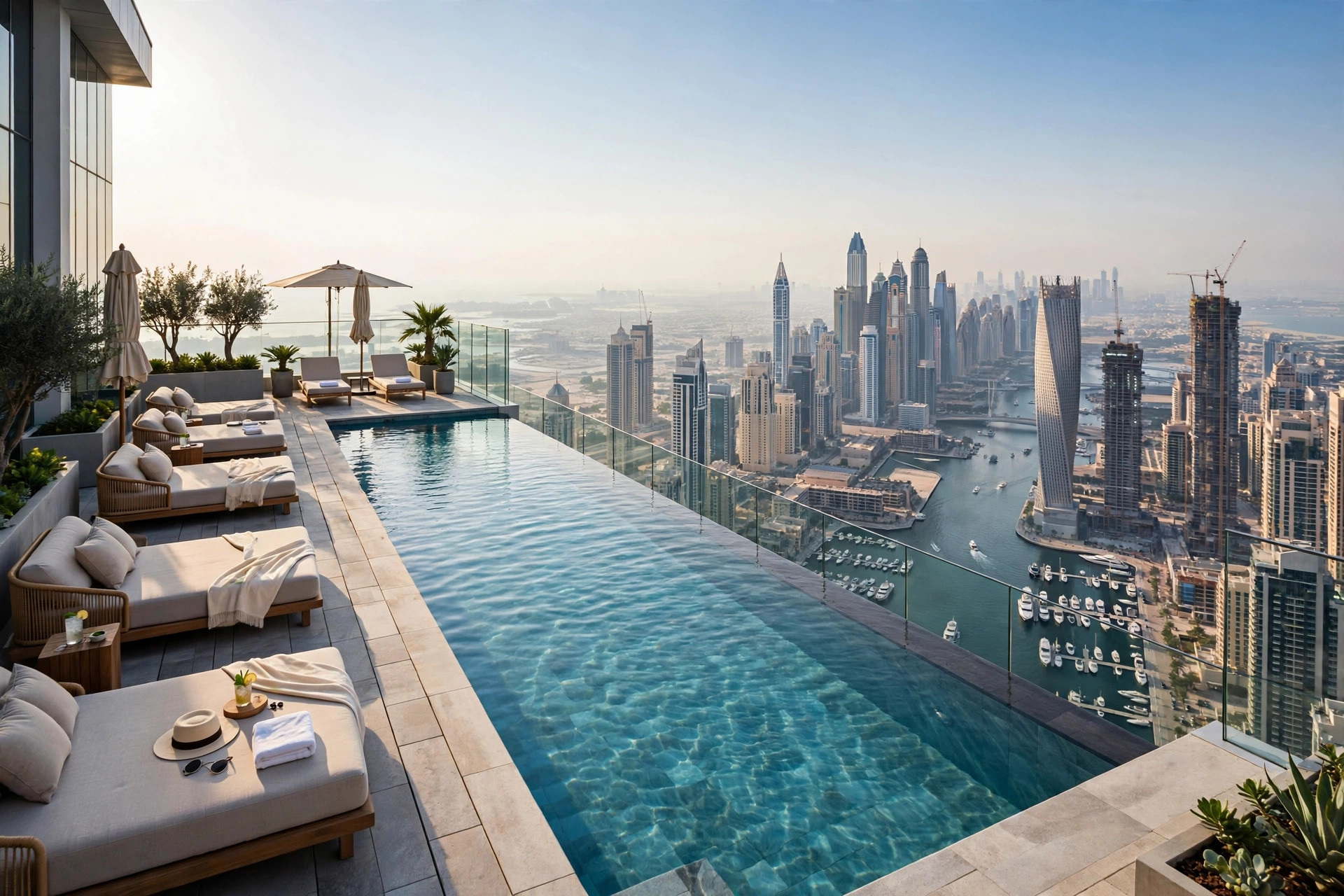 Infinity pool on a very tall Dubai Marina tower with day beds and yachts below