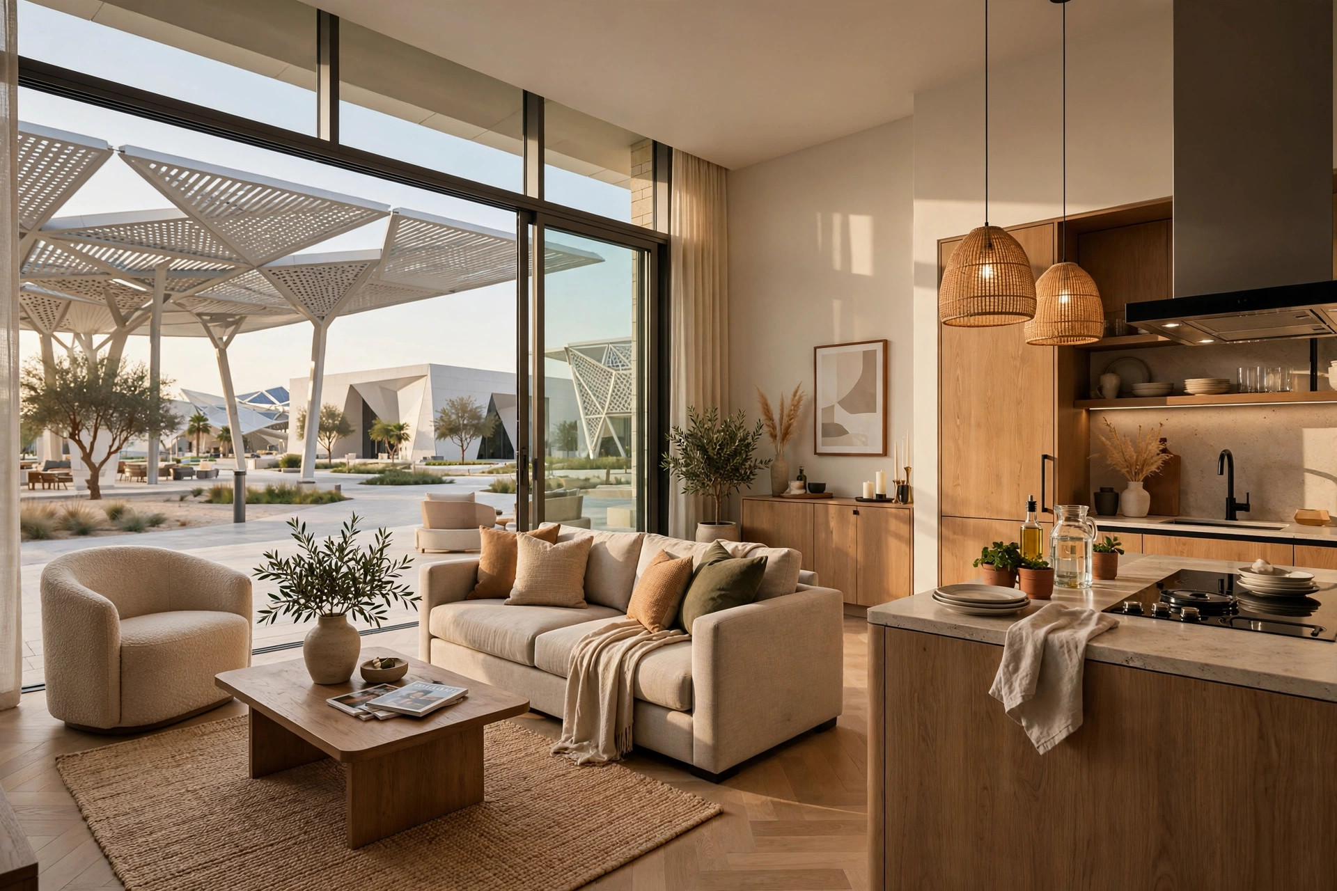 Spacious serviced apartment living space at Cheval Maison in Expo City Dubai