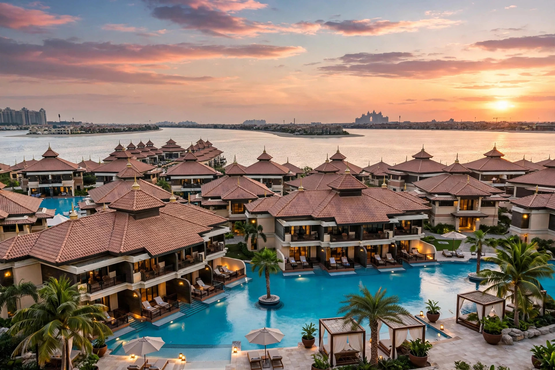 Overwater villas and lagoon pool at Anantara The Palm Dubai Resort at sunset