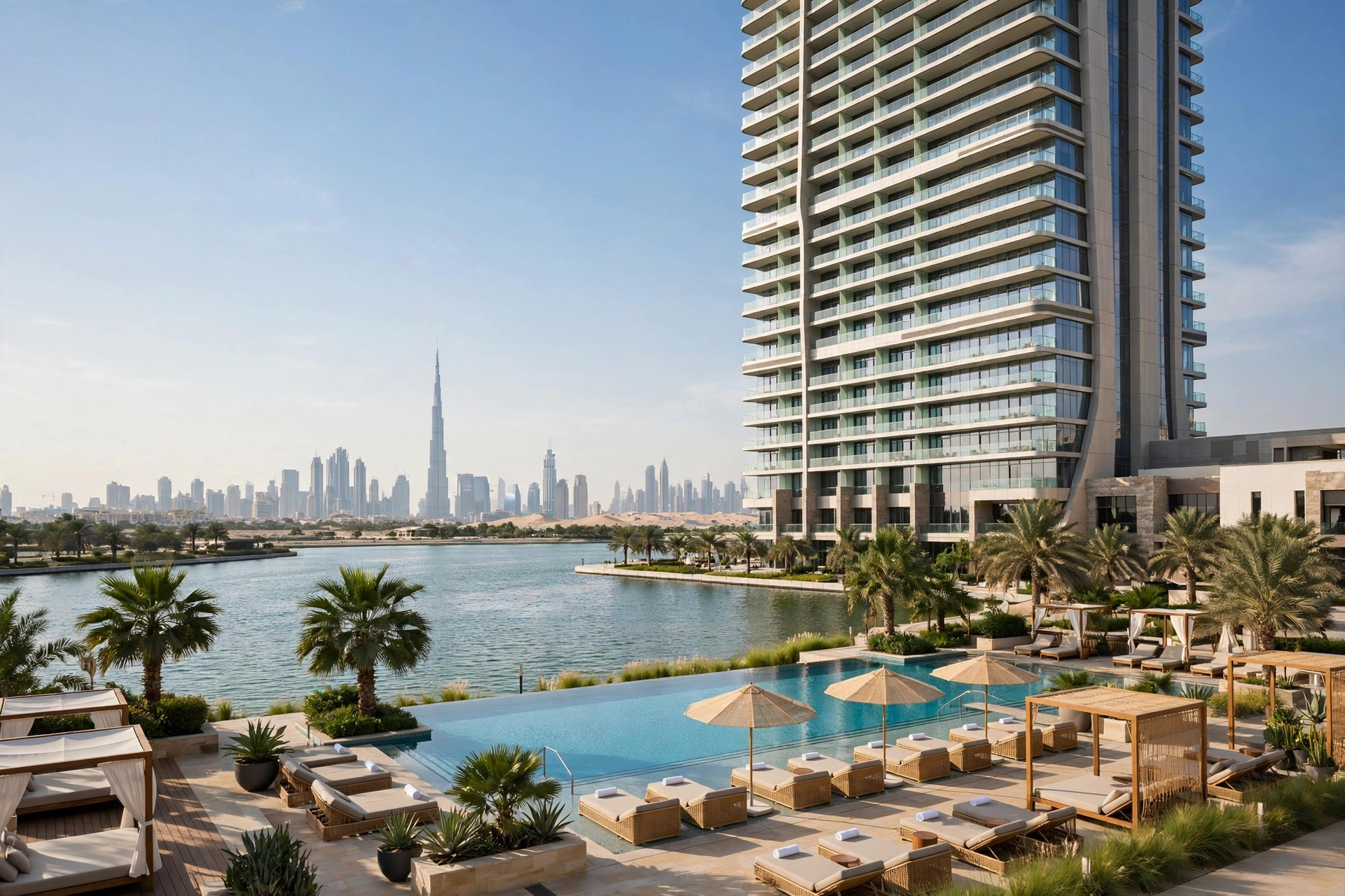 Pool and tower exterior at Armada Avenue Hotel in JLT near the Marina