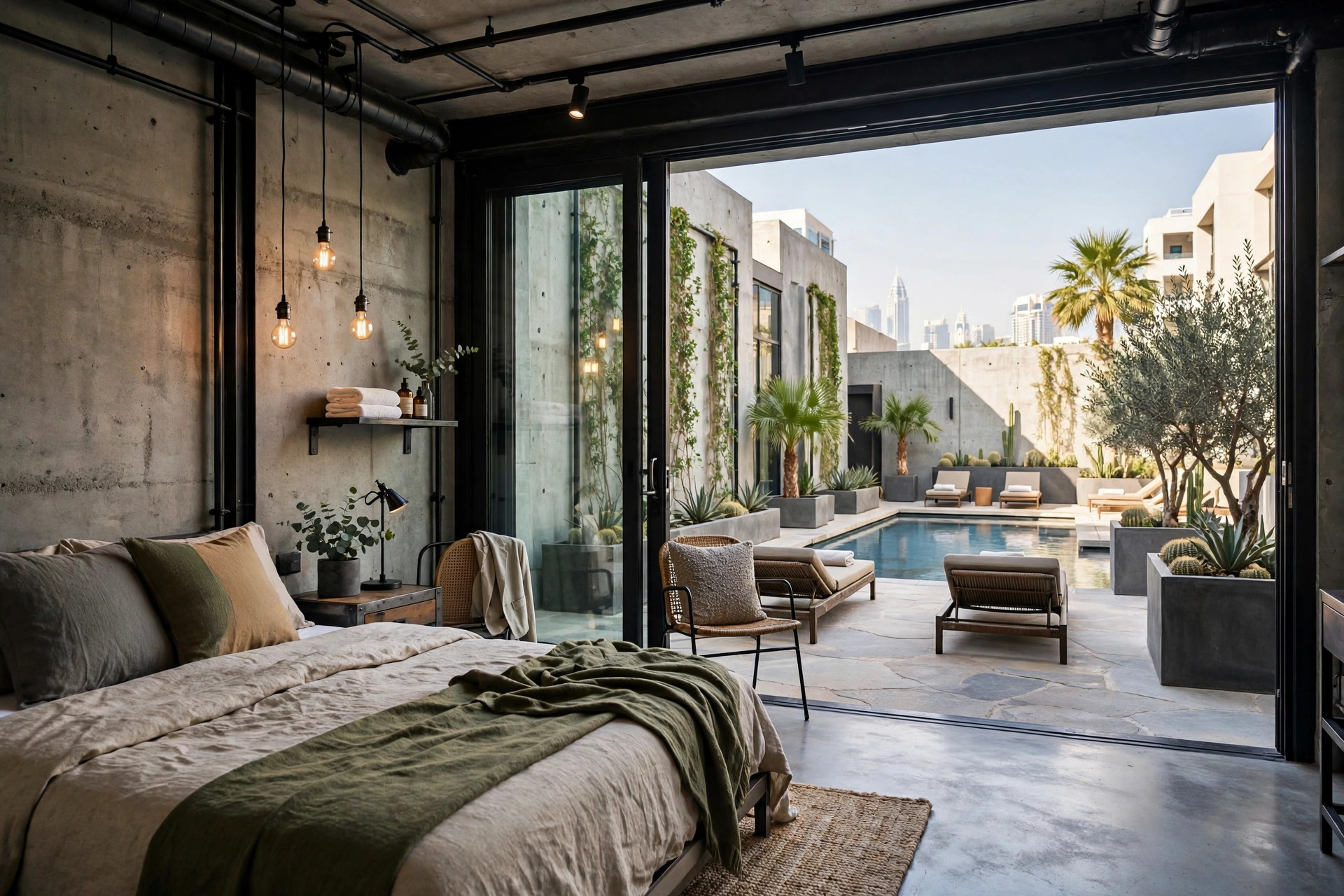 Industrial-chic room and courtyard pool at Studio One Hotel in Studio City