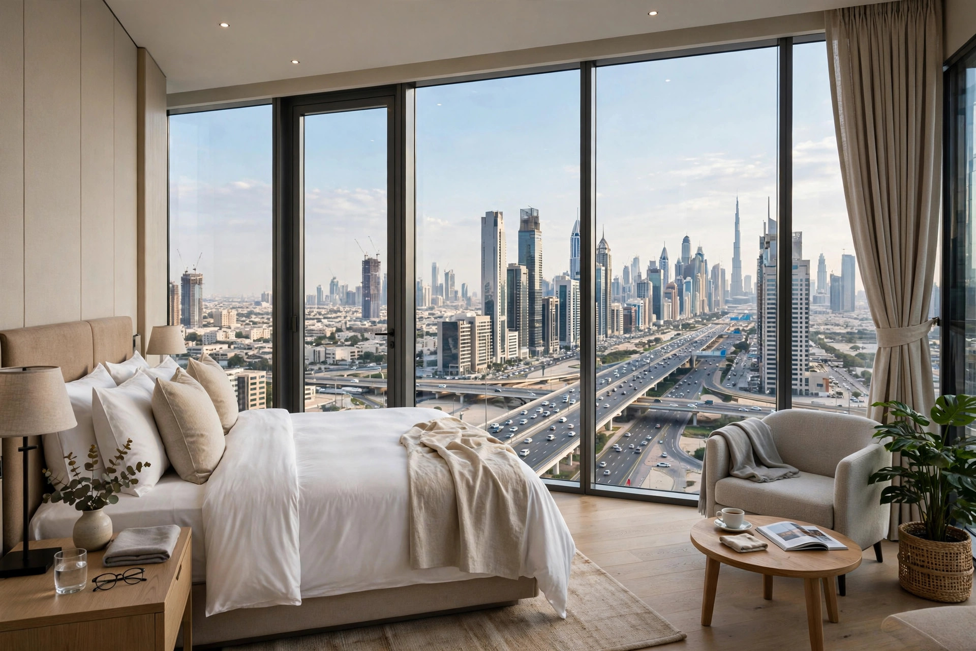 High-floor room with Sheikh Zayed Road skyline view at Sheraton Grand Hotel Dubai