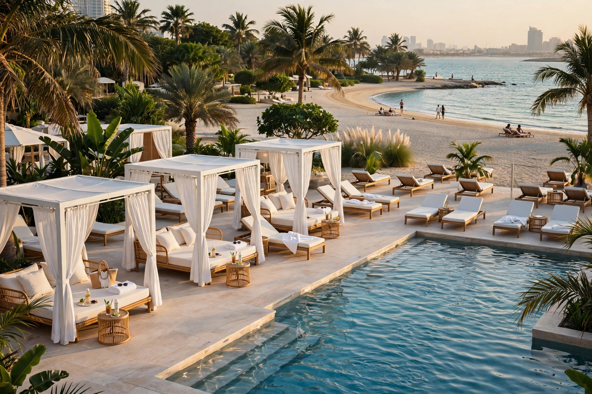 Lively beach club with white cabanas, a large pool and sun loungers beside a private beach in Dubai