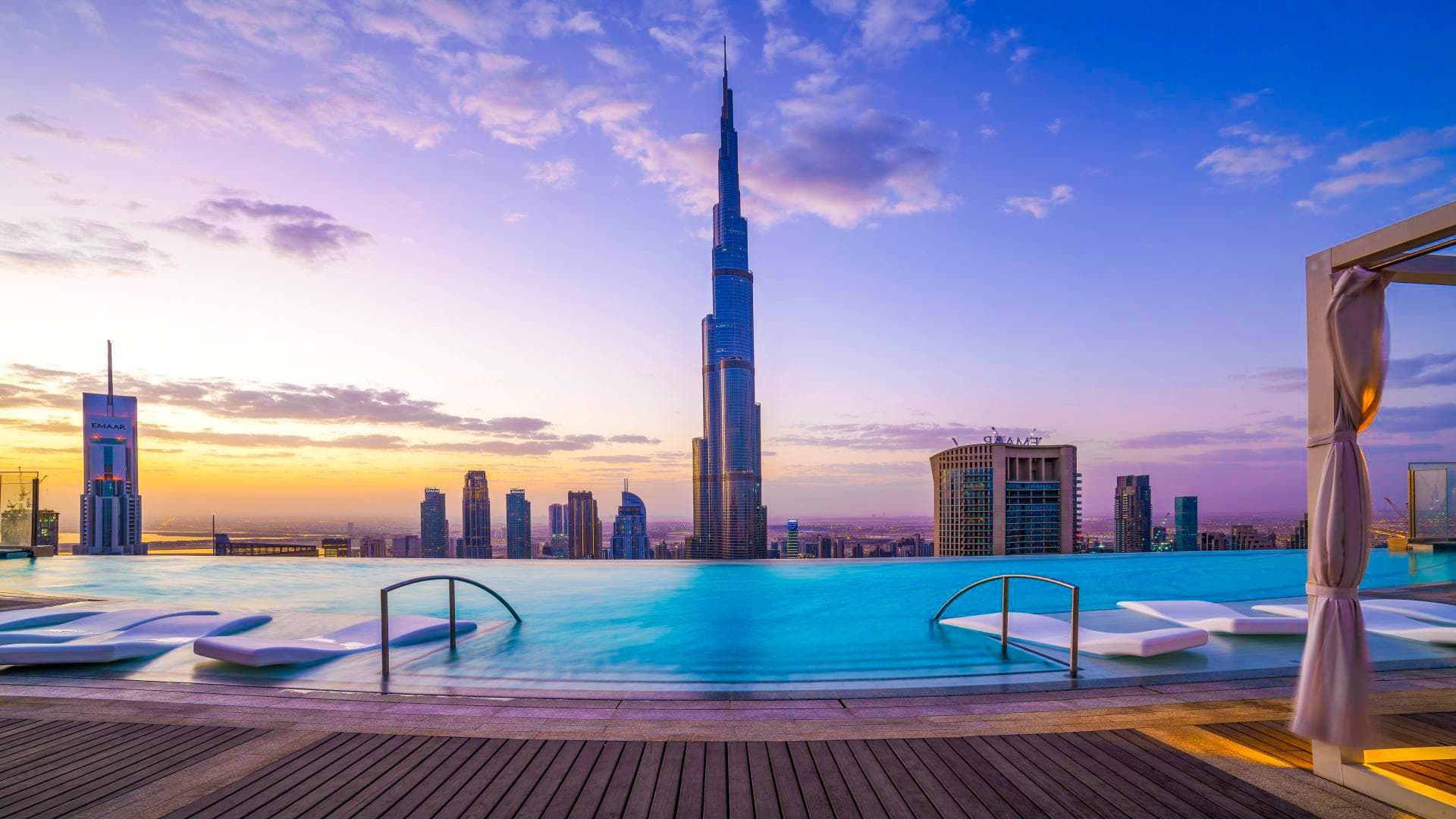 Hotel pool deck in Business Bay looking towards Burj Khalifa in the distance