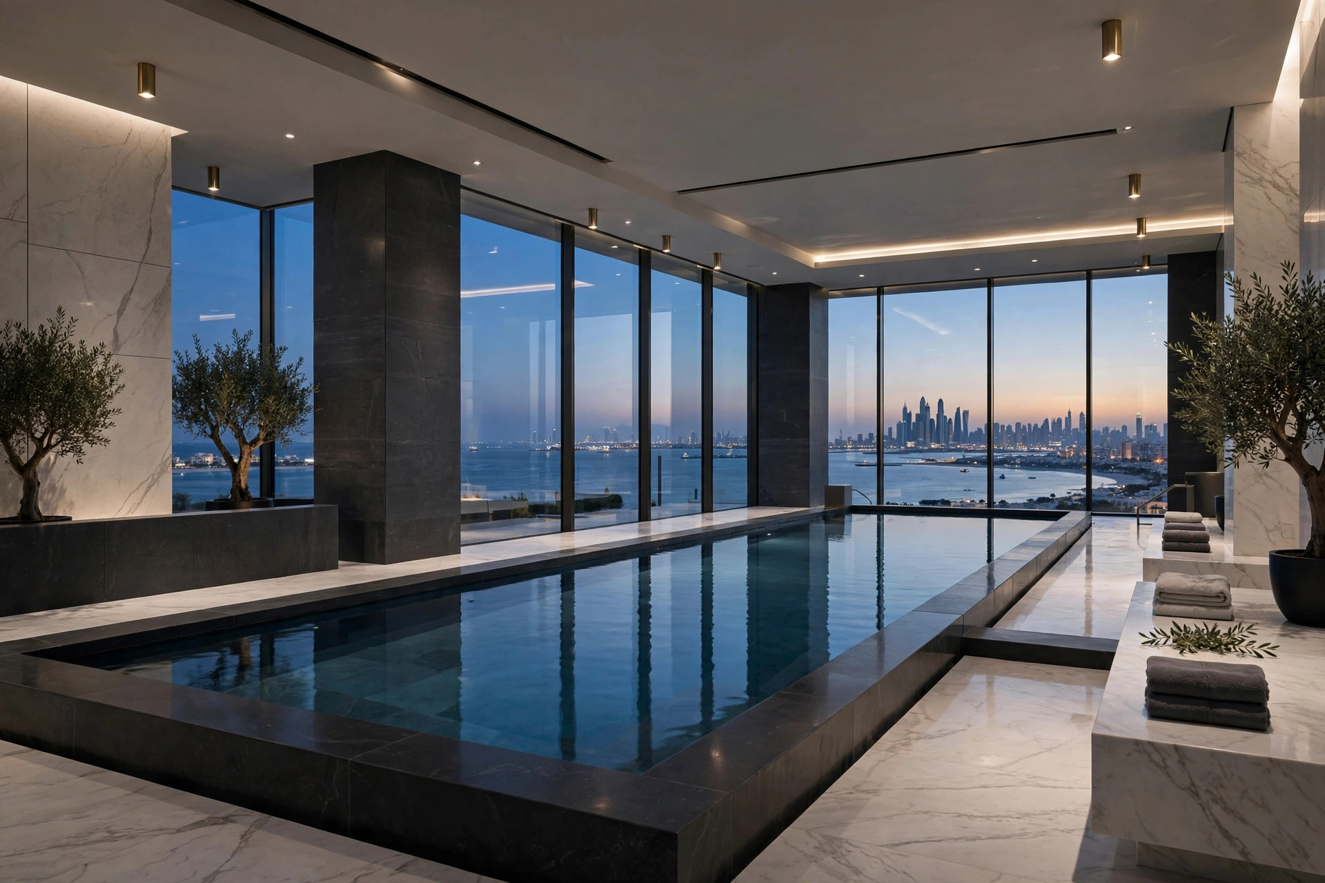 A long indoor spa pool with sea views through floor-to-ceiling windows in a Dubai hotel