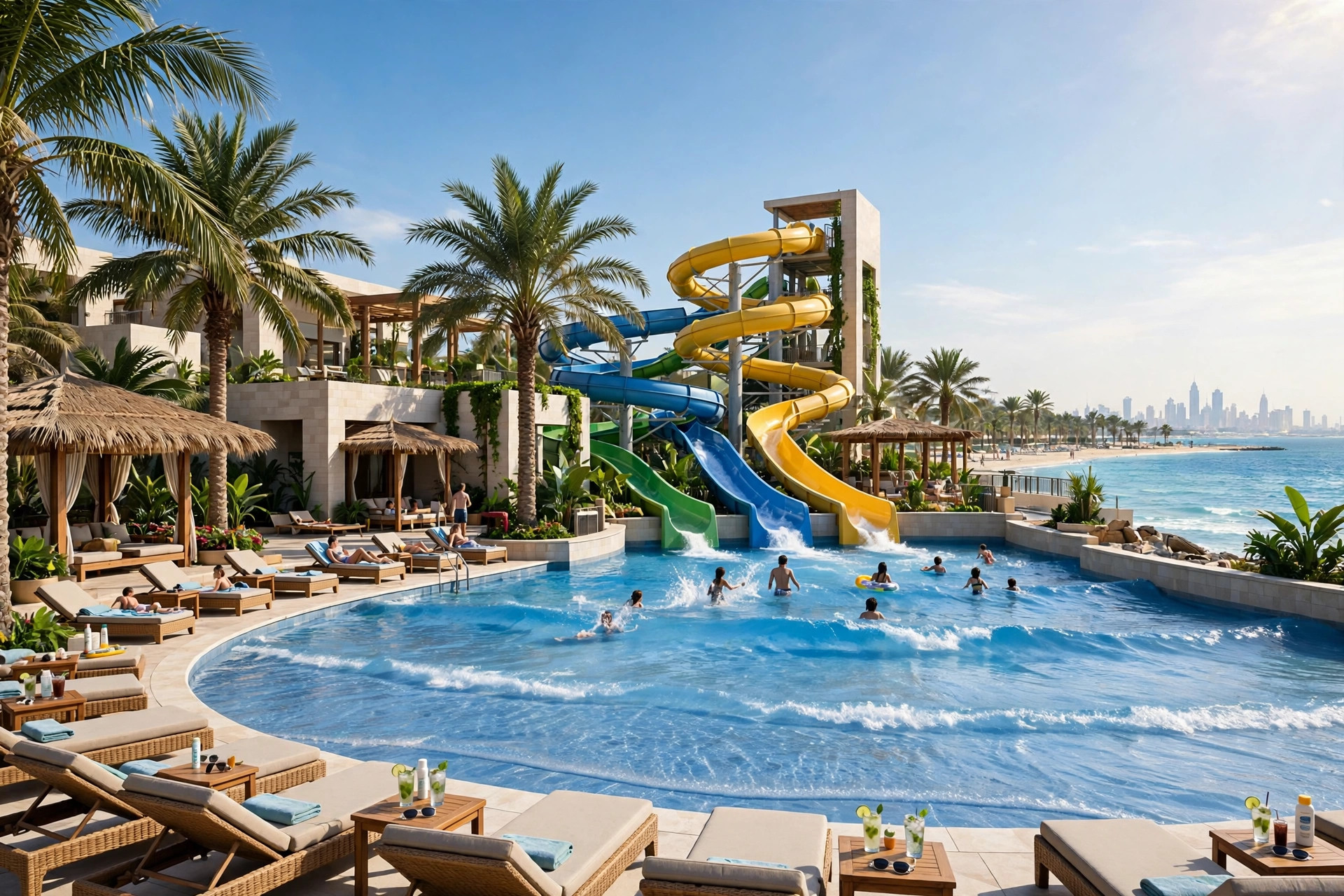 Tropical beachfront resort water park with a wave pool and slides beside the sea in Dubai