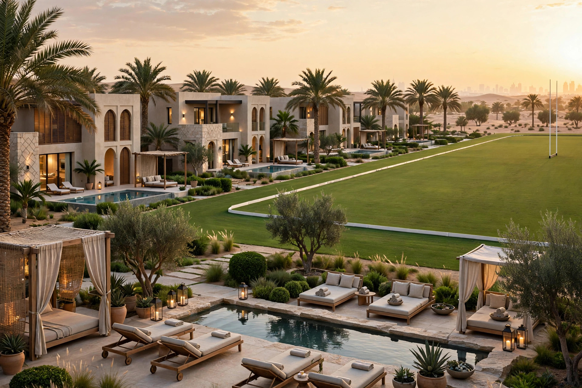 Villas beside green polo fields at Melia Desert Palm boutique resort near Dubai