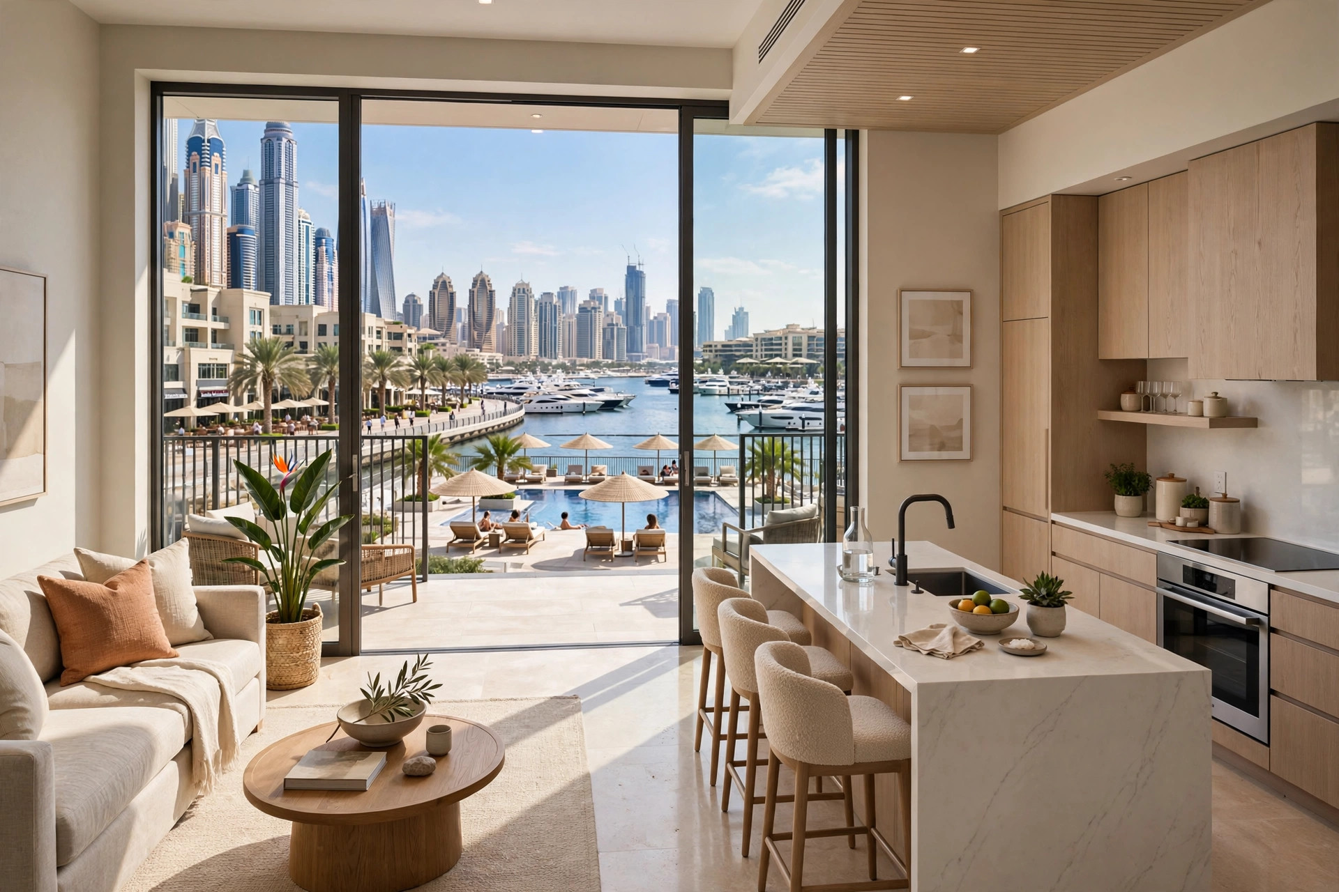 Hotel apartment living room overlooking Dubai Marina and Marina Walk