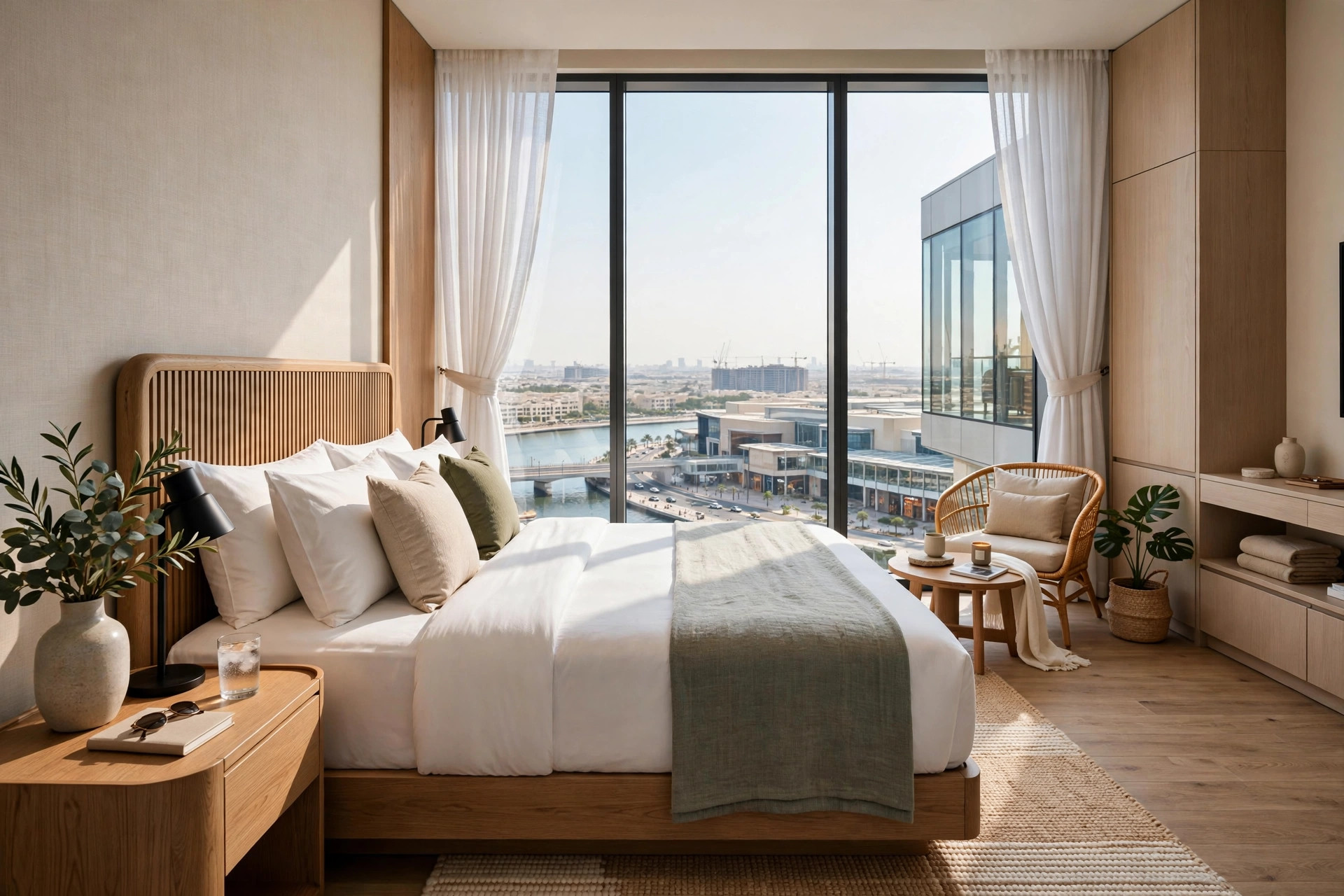 Modern hotel room in Deira Dubai with king bed and city view window