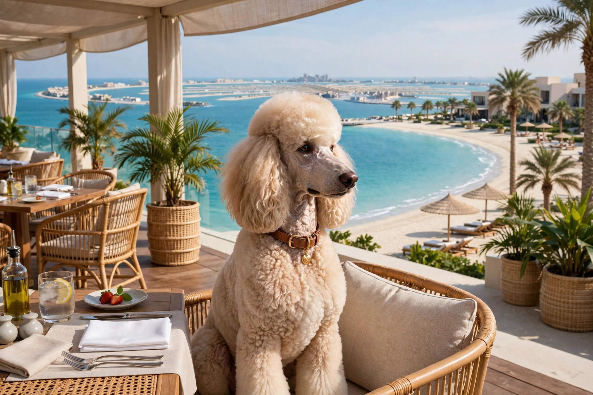 Elegant dog sitting by a luxury beach resort terrace on Palm Jumeirah in Dubai