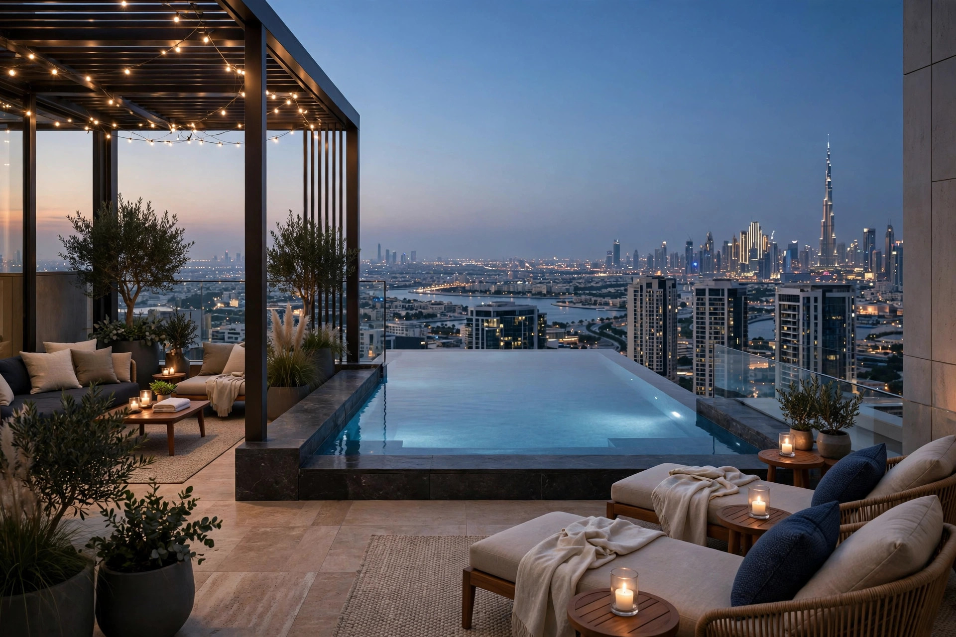 Intimate rooftop infinity pool on the 30th floor at The Lana hotel in Dubai with Burj Khalifa views