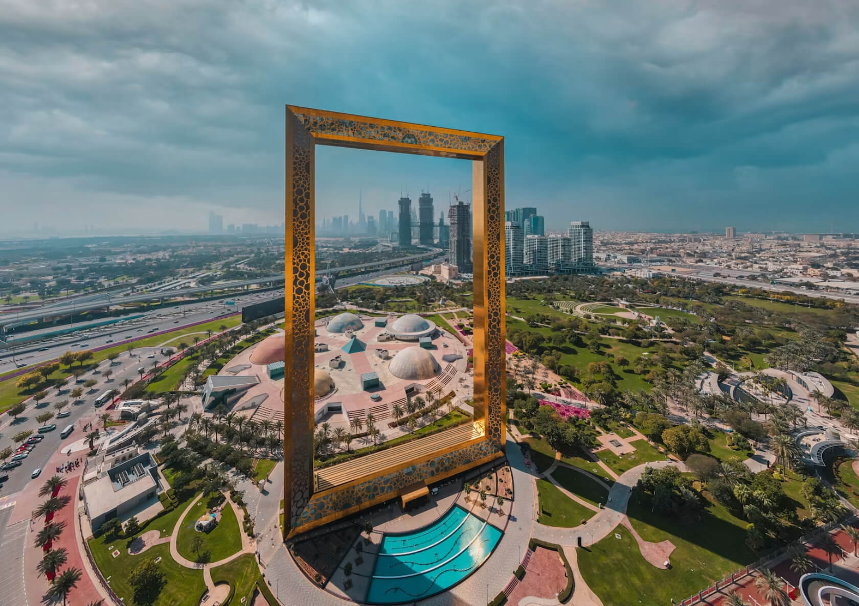 The golden Dubai Frame landmark in Zabeel Park