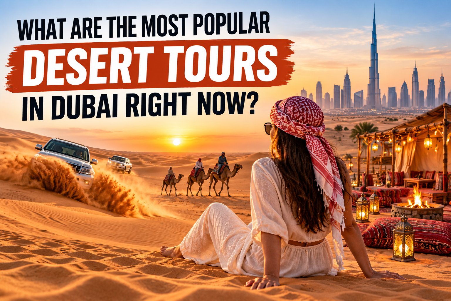 Traveller watching the sunset at a Dubai desert camp with camels, dune bashing 4x4s and the Burj Khalifa skyline in the distance