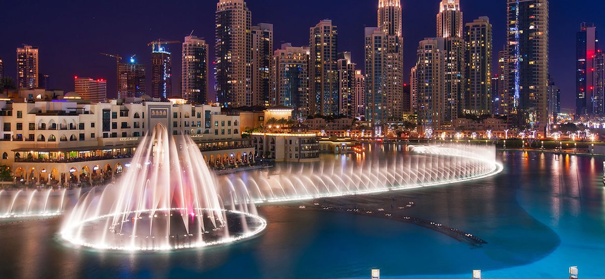 The Dubai Fountain lake in front of Burj Khalifa in Downtown Dubai