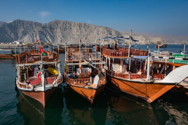 Wooden dhow boats in a harbour at Dibba on the Gulf of Oman