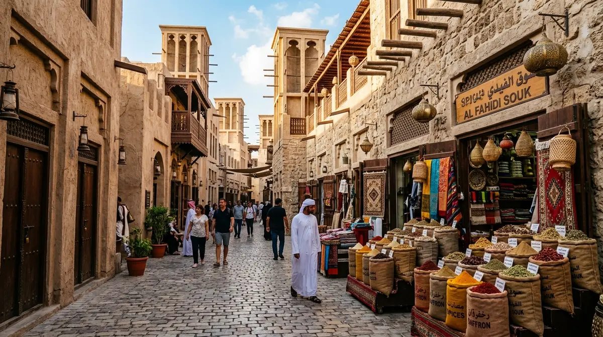 Shoppers browsing stalls in an old Dubai souk