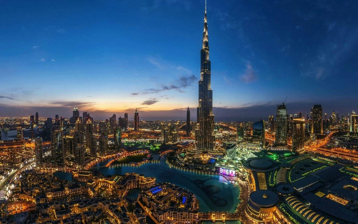 Downtown Dubai and the Burj Khalifa lit up at night