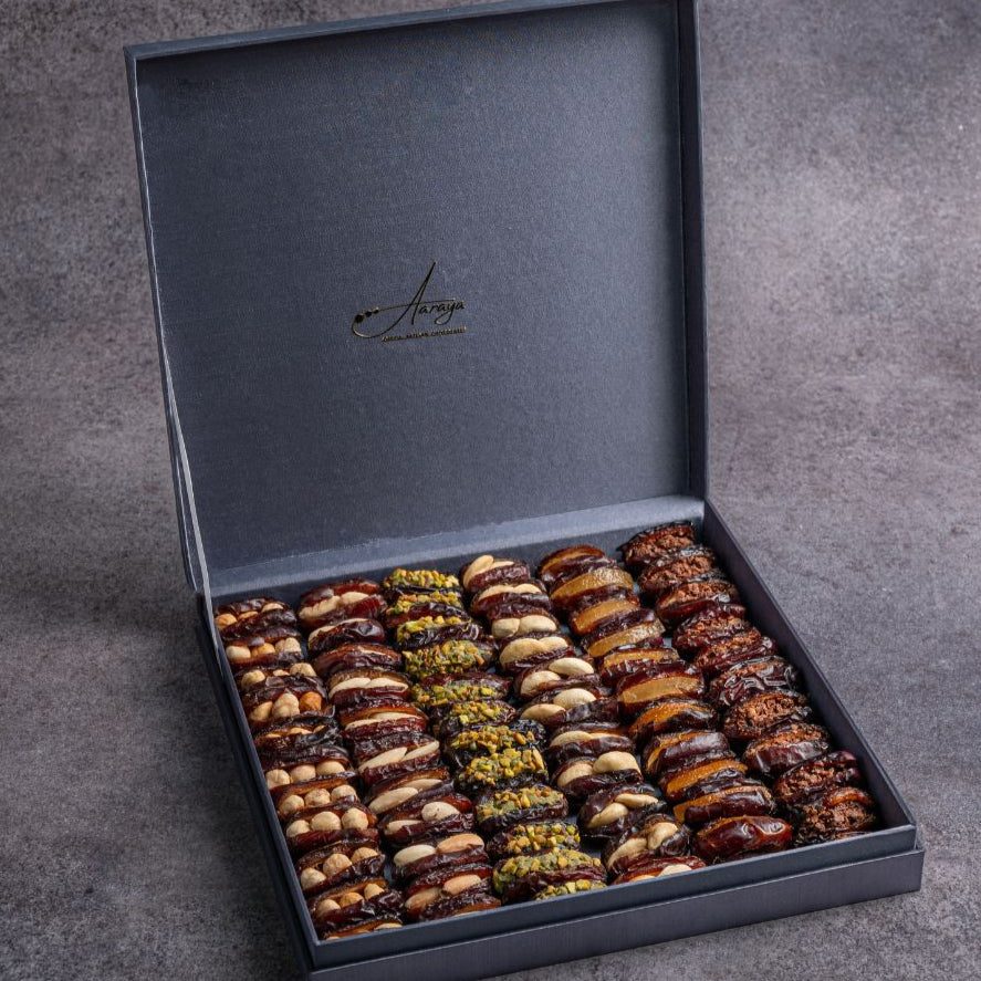Boxes of stuffed dates in a Dubai shop