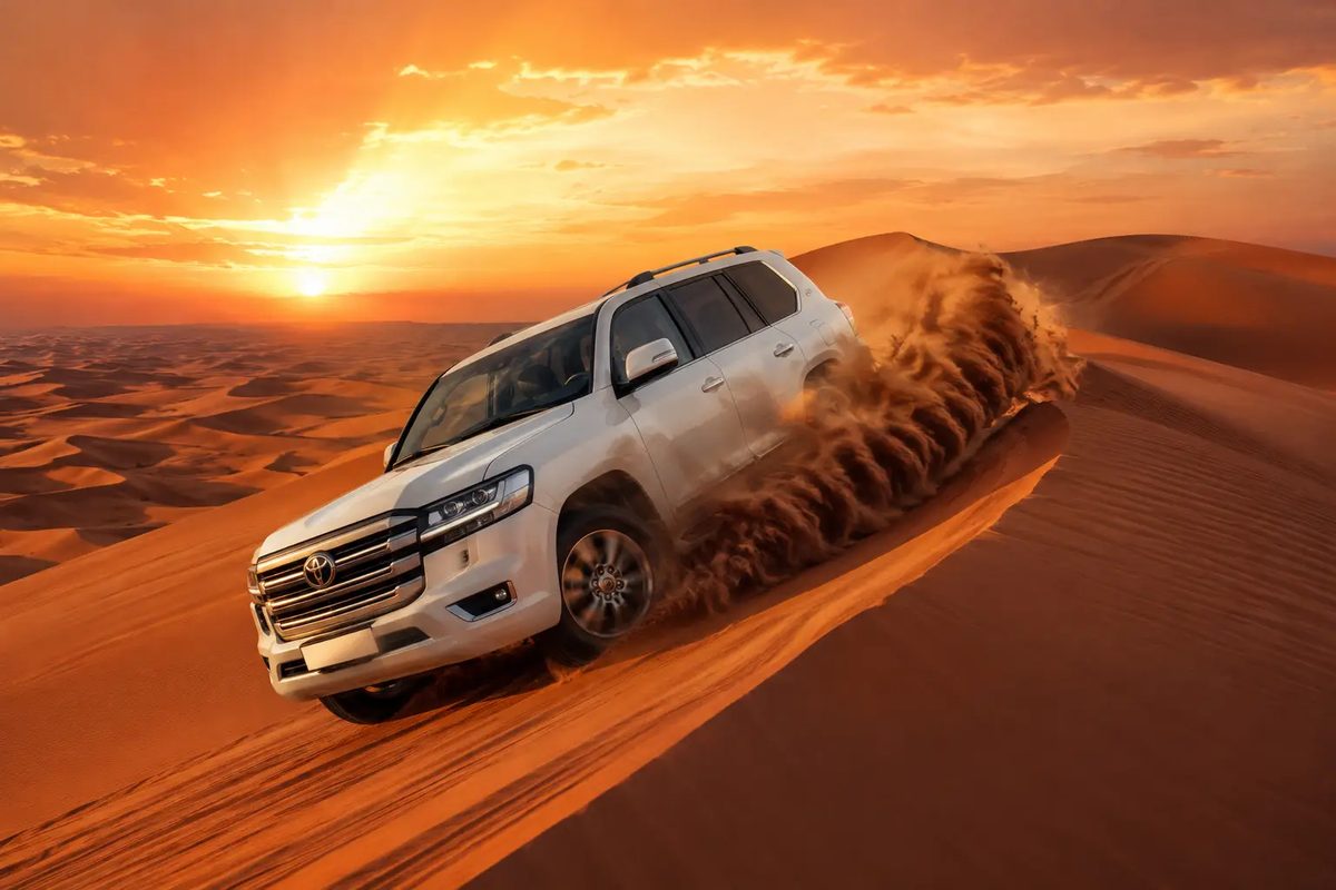 4x4 vehicles convoying over tall sand dunes during a Dubai desert safari