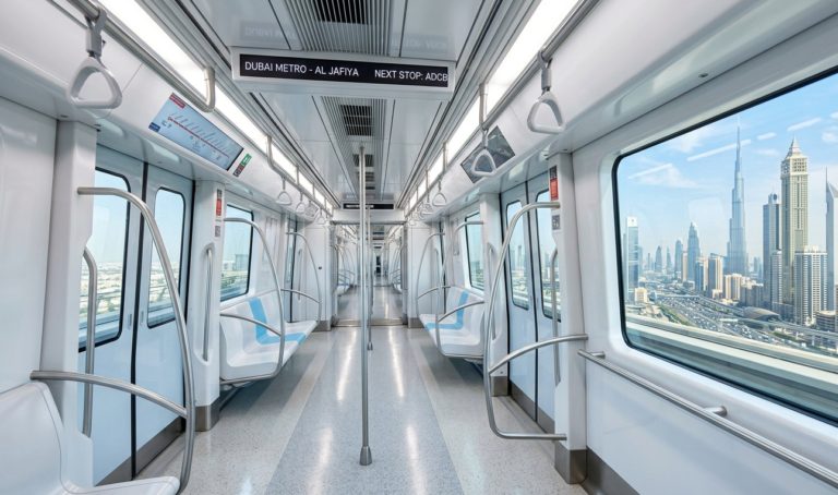 Air-conditioned Dubai Metro train crossing the city