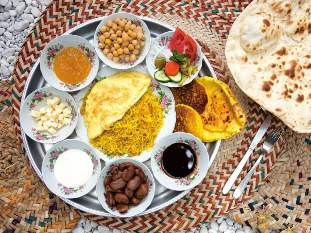 Traditional Emirati breakfast tray with Arabic coffee in Al Fahidi