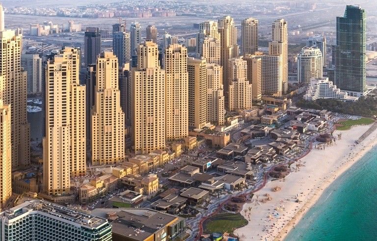 Beachfront hotels and promenade at Jumeirah Beach Residence Dubai