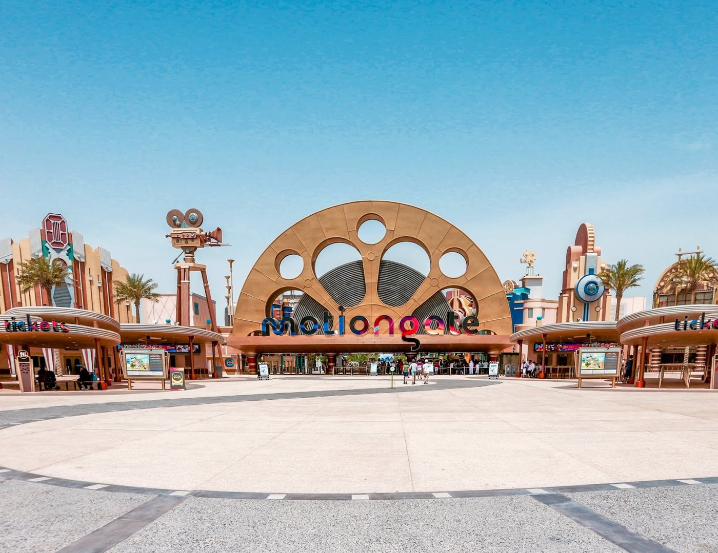 Entrance gates and ticket area of a large theme park in Dubai
