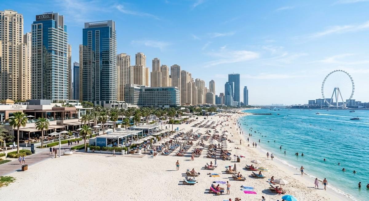 JBR beach with residential apartment towers and the Ain Dubai observation wheel