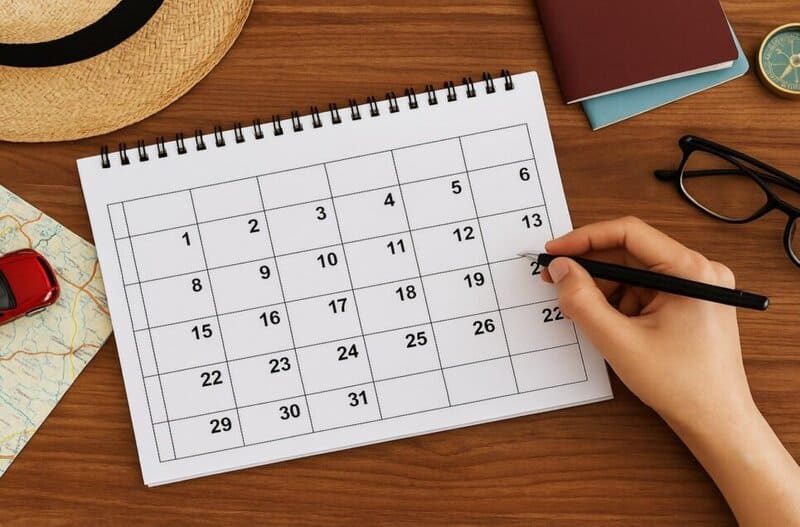 A desk calendar and pen used to count visa validity days